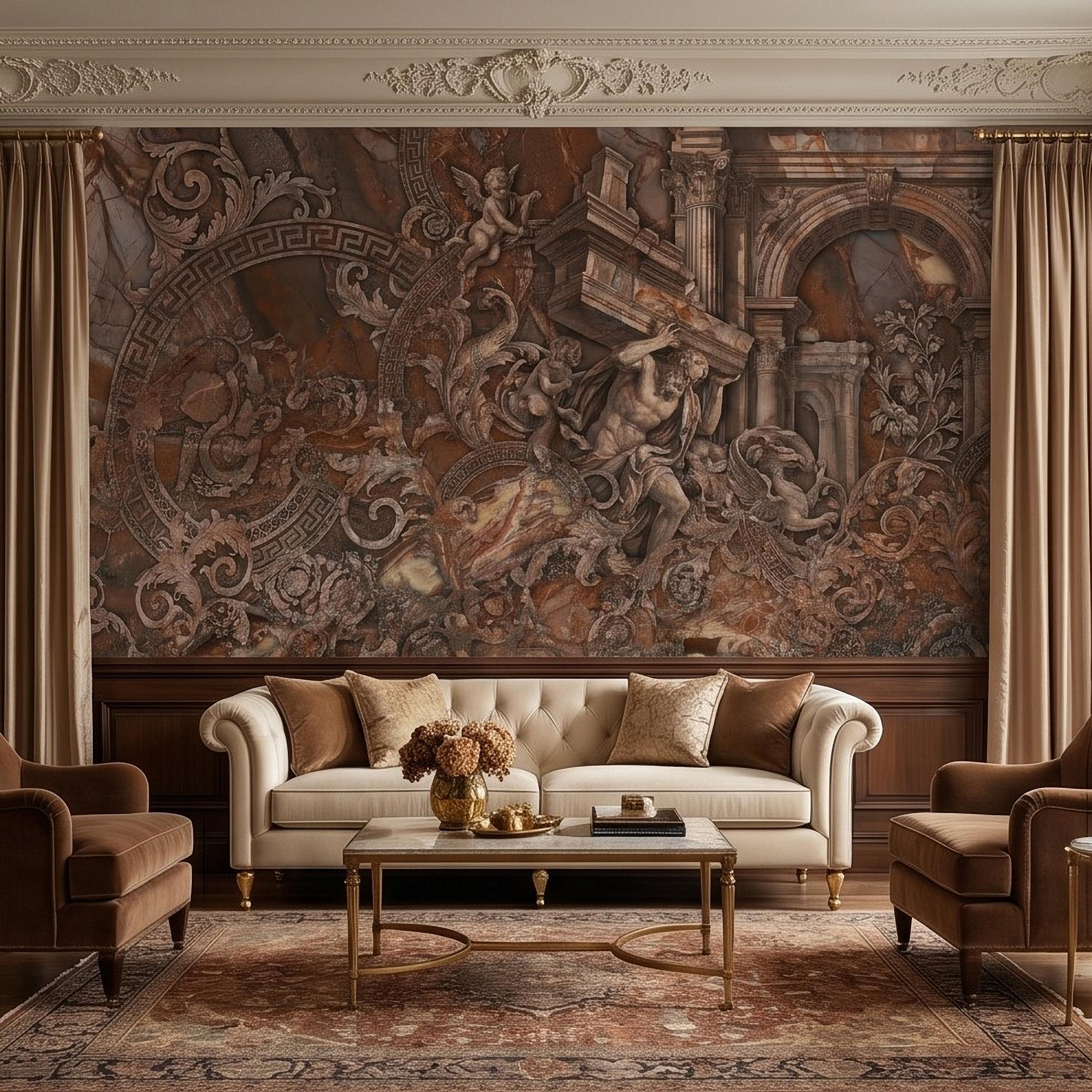 Baroque Marble Peel and Stick Wall Mural, Renaissance Mythology Sculpture, Antique Roman Architecture Wallpaper