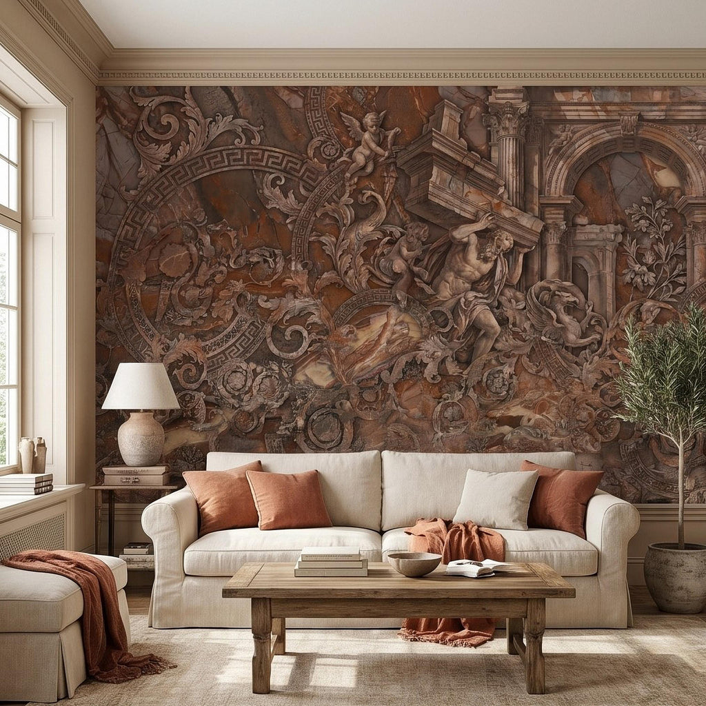 Baroque Marble Peel and Stick Wall Mural, Renaissance Mythology Sculpture, Antique Roman Architecture Wallpaper