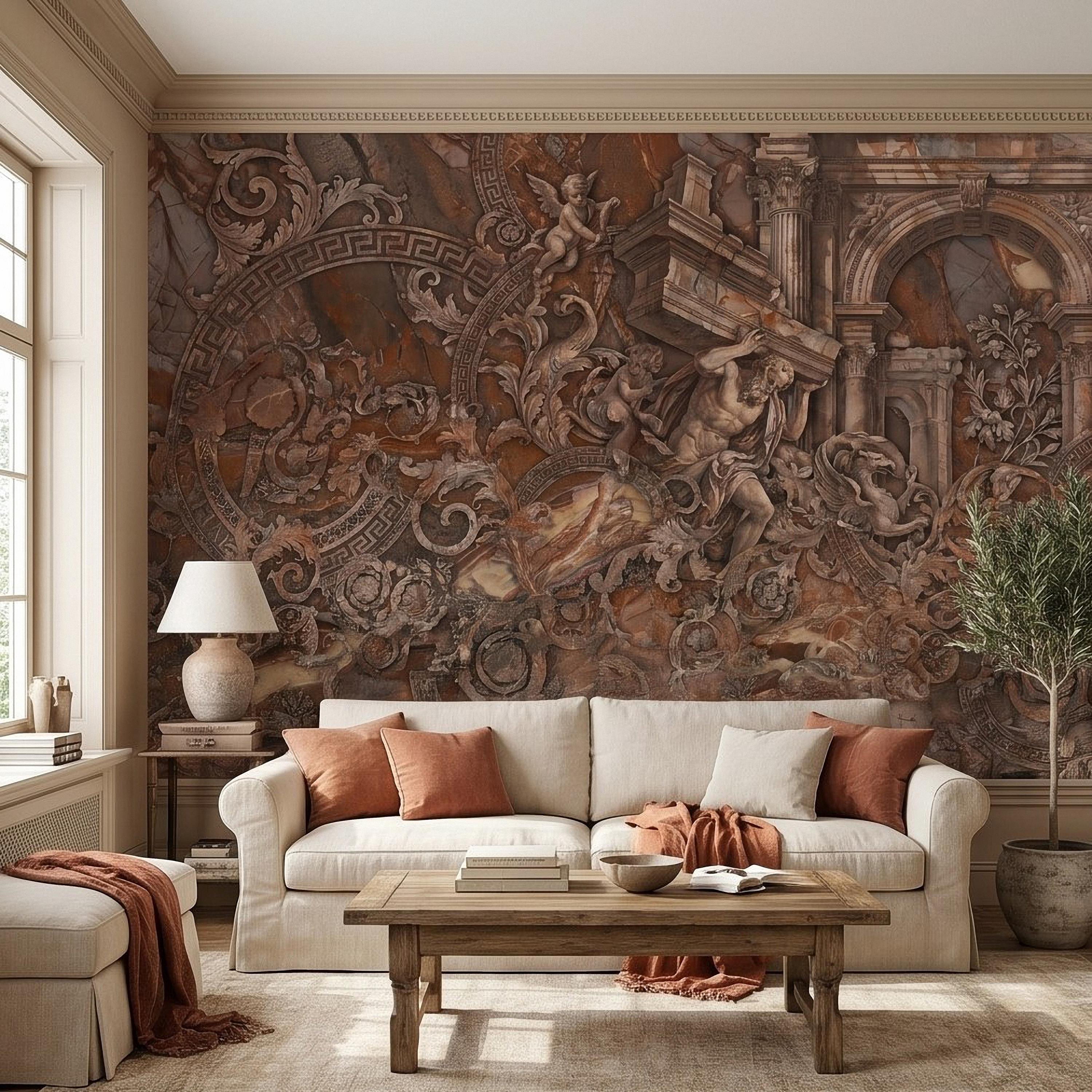 Baroque Marble Peel and Stick Wall Mural, Renaissance Mythology Sculpture, Antique Roman Architecture Wallpaper