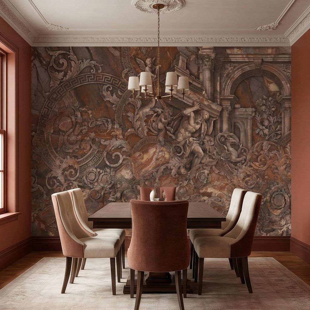 Baroque Marble Peel and Stick Wall Mural, Renaissance Mythology Sculpture, Antique Roman Architecture Wallpaper