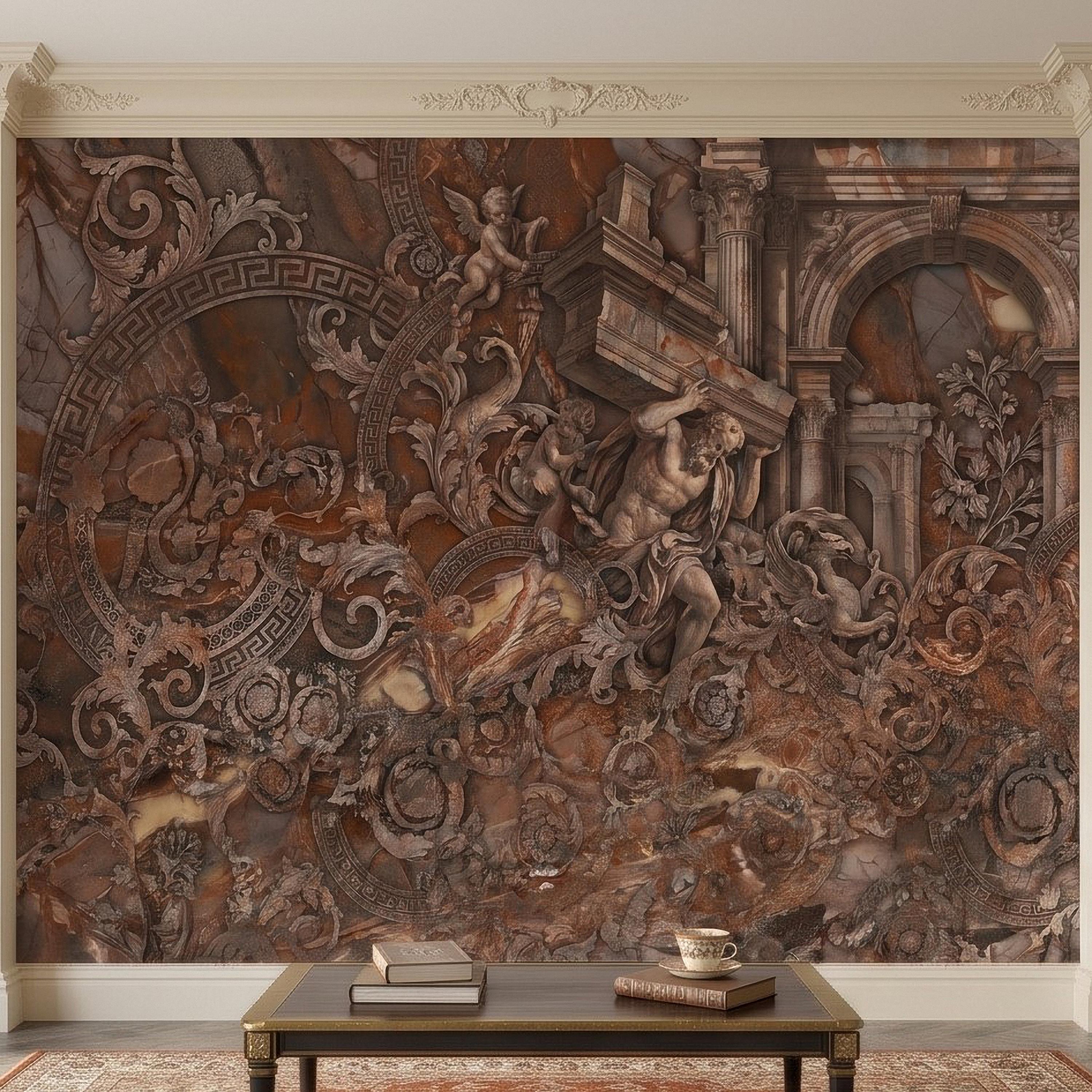 Baroque Marble Peel and Stick Wall Mural, Renaissance Mythology Sculpture, Antique Roman Architecture Wallpaper