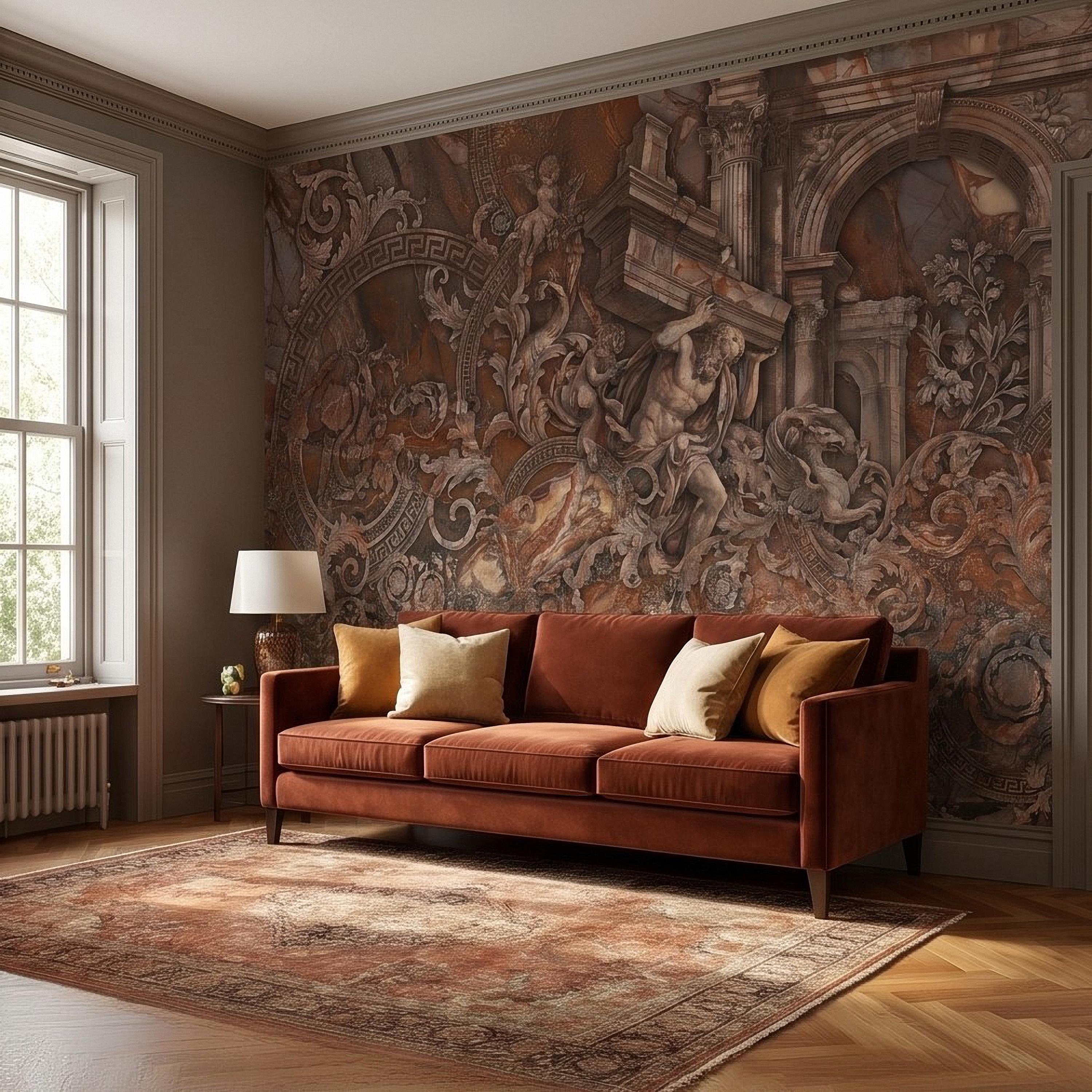 Baroque Marble Peel and Stick Wall Mural, Renaissance Mythology Sculpture, Antique Roman Architecture Wallpaper