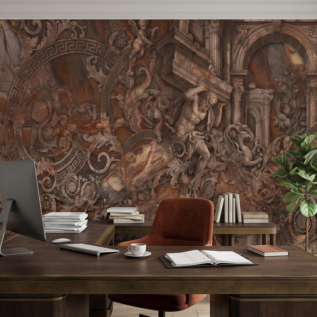 Baroque Marble Peel and Stick Wall Mural, Renaissance Mythology Sculpture, Antique Roman Architecture Wallpaper