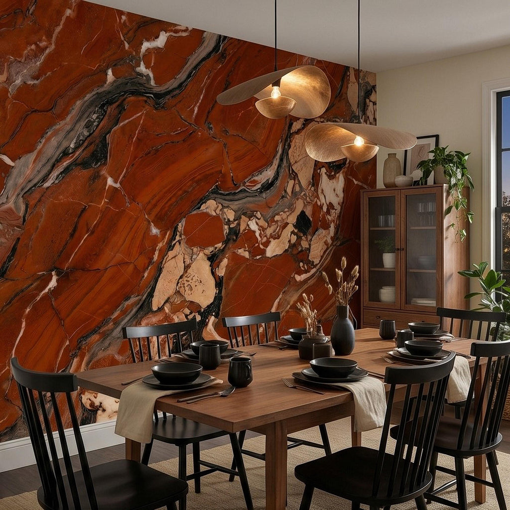 Red Marble Peel and Stick Wall Mural, Breccia Stone Texture, Luxury Natural Onyx Look Modern Wallpaper