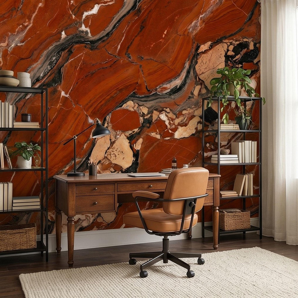 Red Marble Peel and Stick Wall Mural, Breccia Stone Texture, Luxury Natural Onyx Look Modern Wallpaper