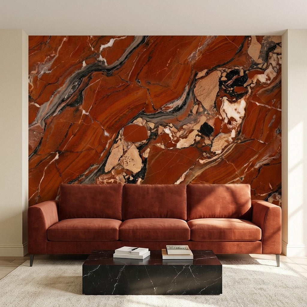 Red Marble Peel and Stick Wall Mural, Breccia Stone Texture, Luxury Natural Onyx Look Modern Wallpaper