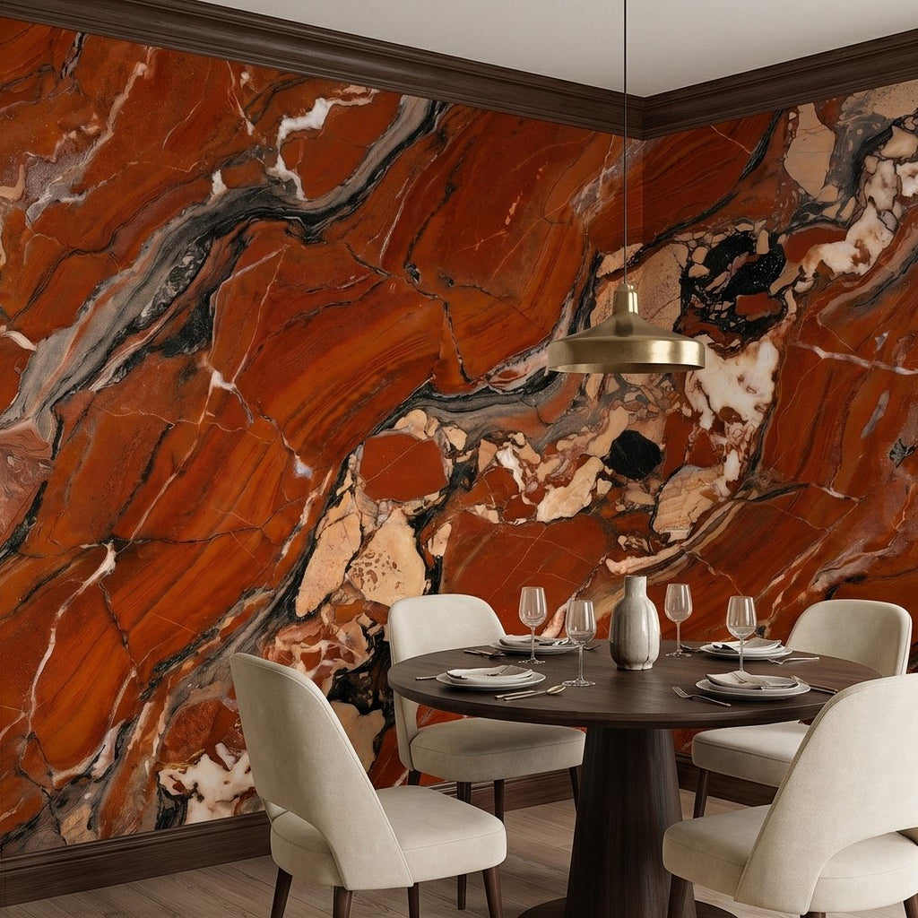 Red Marble Peel and Stick Wall Mural, Breccia Stone Texture, Luxury Natural Onyx Look Modern Wallpaper