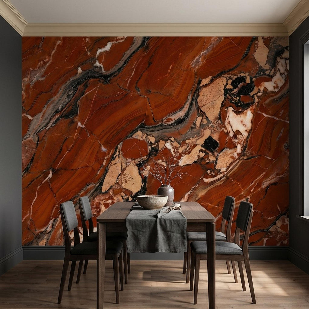 Red Marble Peel and Stick Wall Mural, Breccia Stone Texture, Luxury Natural Onyx Look Modern Wallpaper