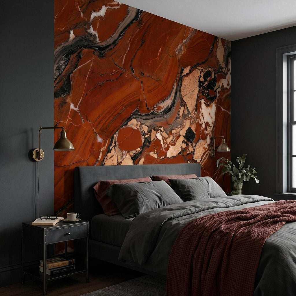 Red Marble Peel and Stick Wall Mural, Breccia Stone Texture, Luxury Natural Onyx Look Modern Wallpaper