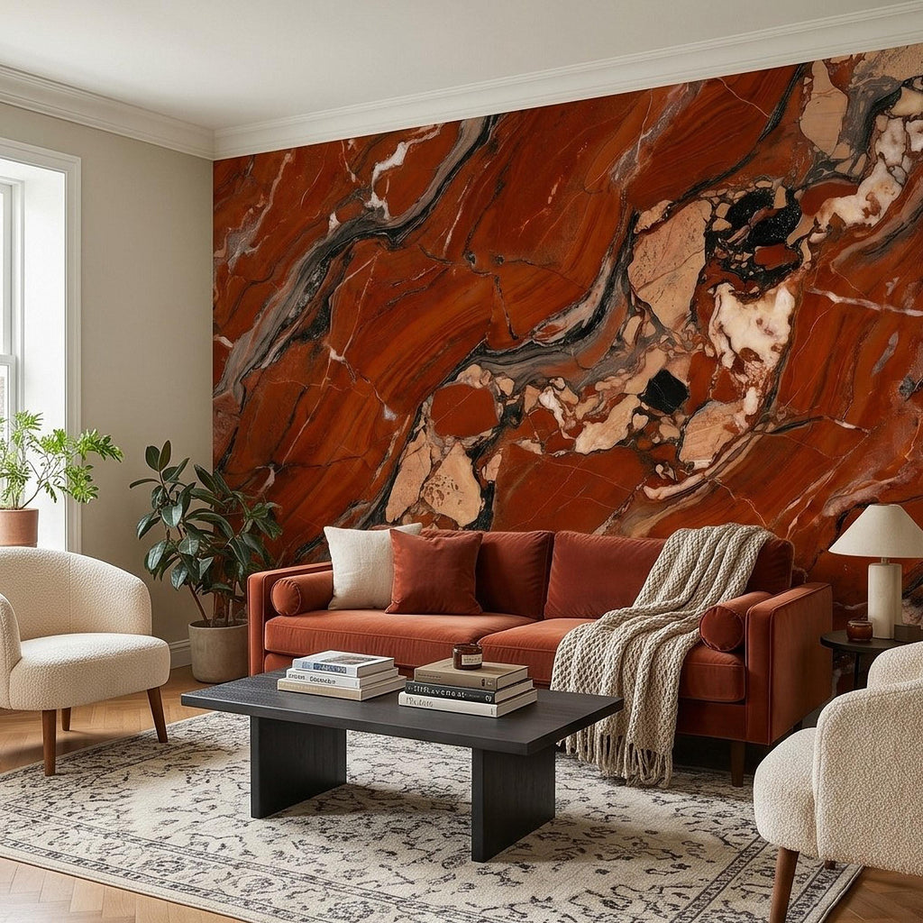 Red Marble Peel and Stick Wall Mural, Breccia Stone Texture, Luxury Natural Onyx Look Modern Wallpaper