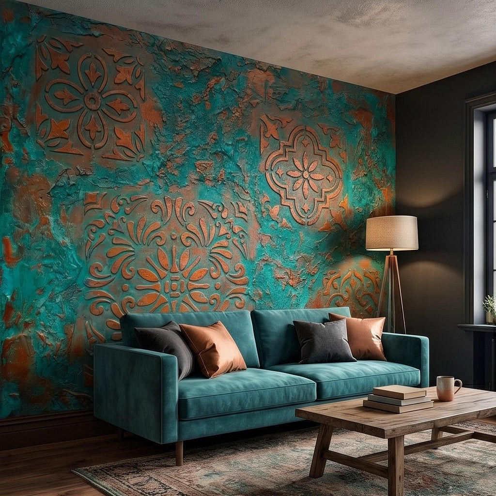Moroccan Tile Peel and Stick Wall Mural, Rustic Turquoise Patina Texture, Boho Mediterranean Distressed Wallpaper
