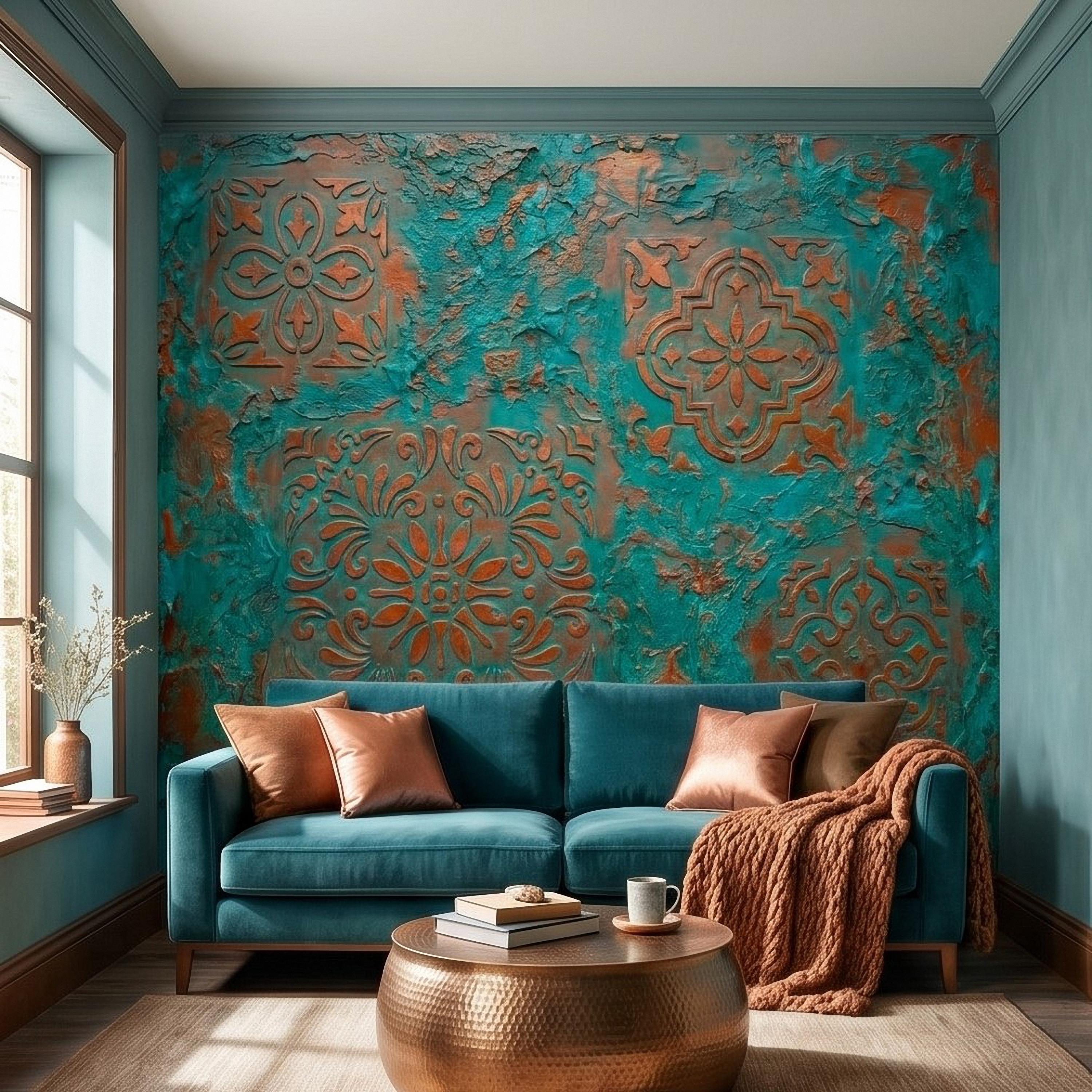 Moroccan Tile Peel and Stick Wall Mural, Rustic Turquoise Patina Texture, Boho Mediterranean Distressed Wallpaper