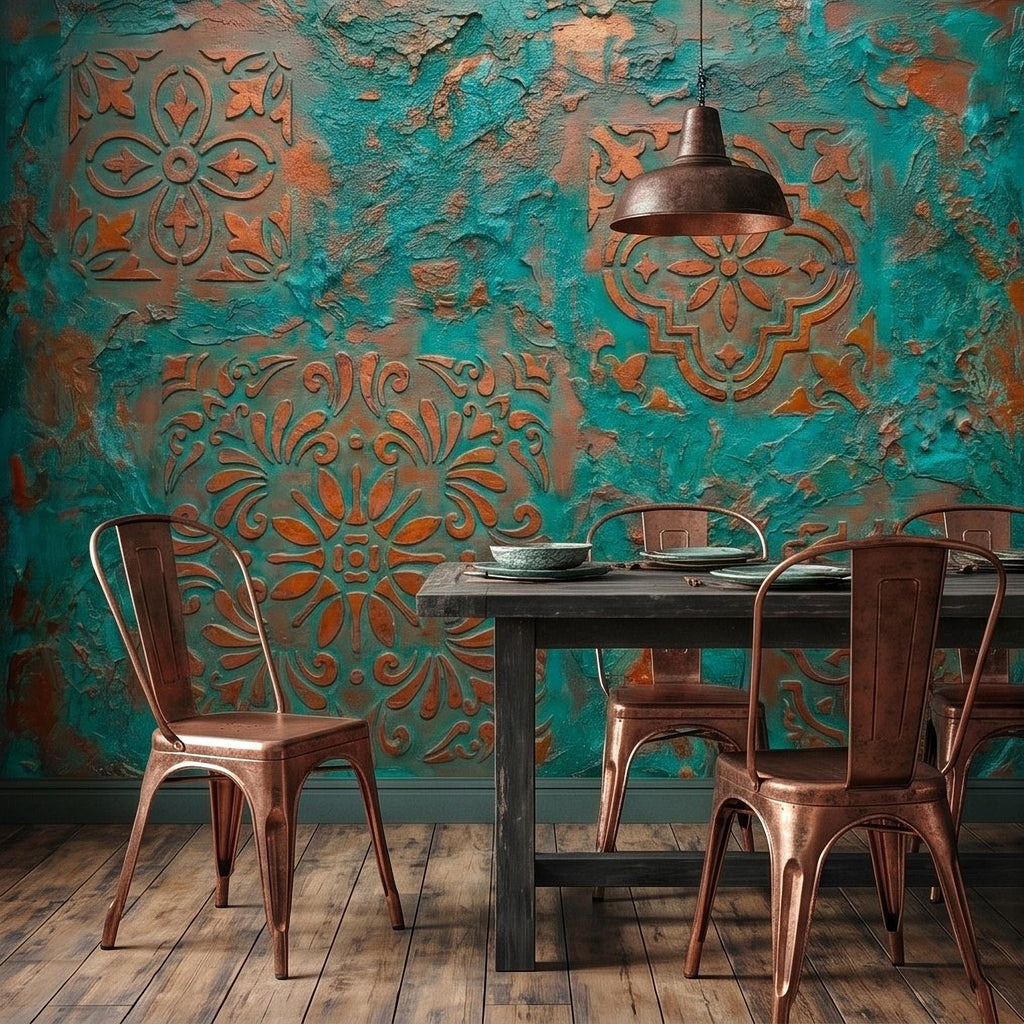 Moroccan Tile Peel and Stick Wall Mural, Rustic Turquoise Patina Texture, Boho Mediterranean Distressed Wallpaper