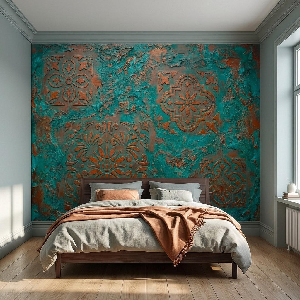 Moroccan Tile Peel and Stick Wall Mural, Rustic Turquoise Patina Texture, Boho Mediterranean Distressed Wallpaper