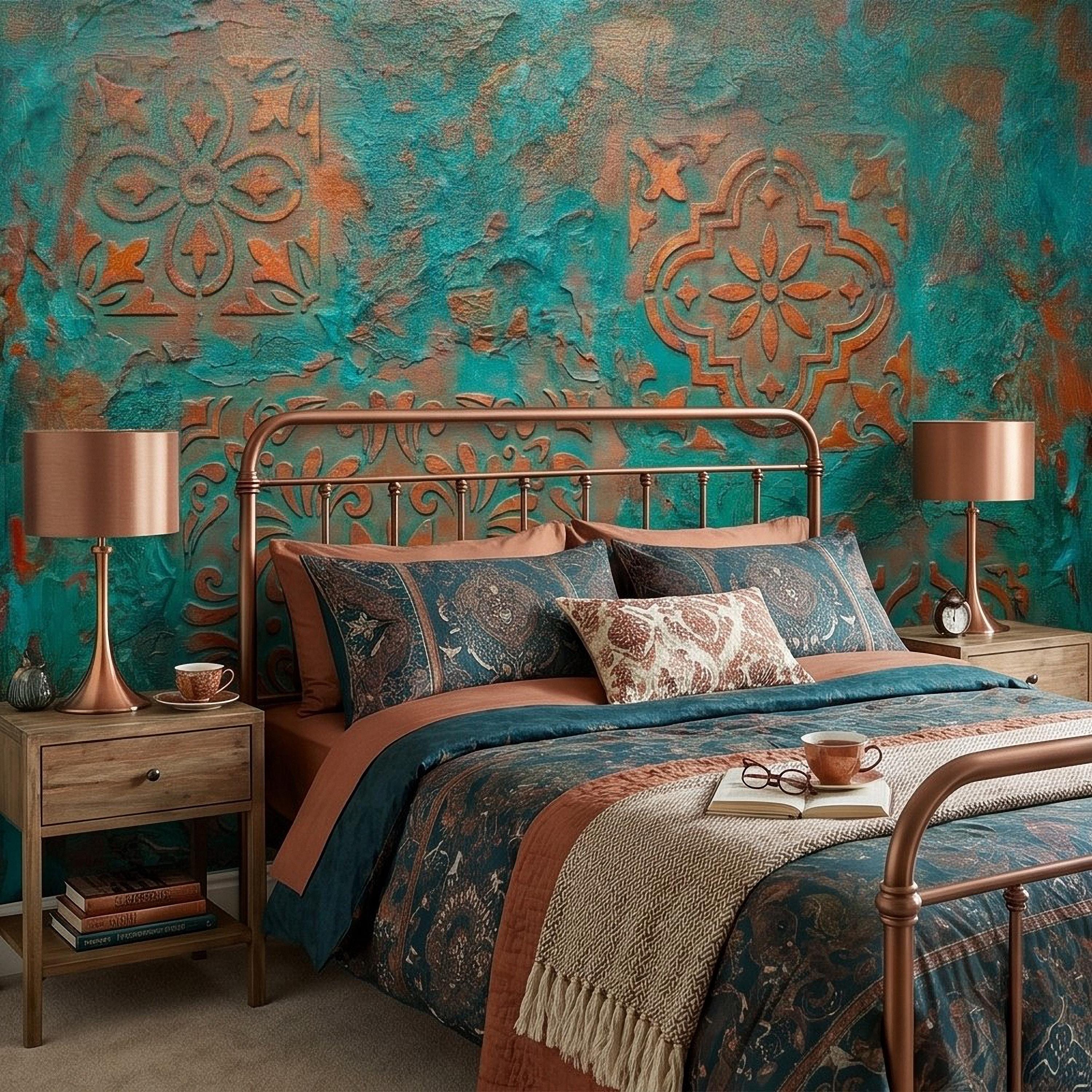 Moroccan Tile Peel and Stick Wall Mural, Rustic Turquoise Patina Texture, Boho Mediterranean Distressed Wallpaper