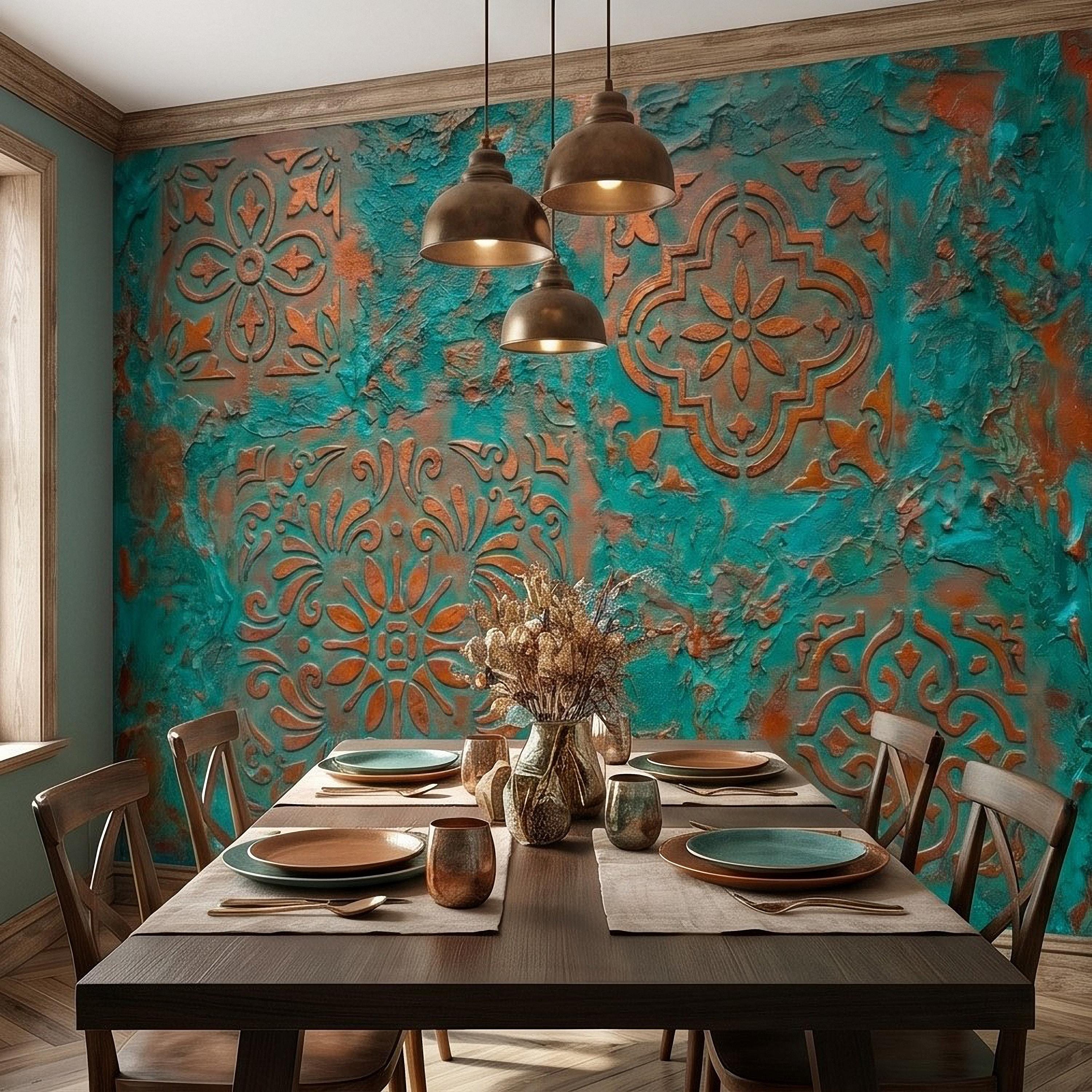 Moroccan Tile Peel and Stick Wall Mural, Rustic Turquoise Patina Texture, Boho Mediterranean Distressed Wallpaper