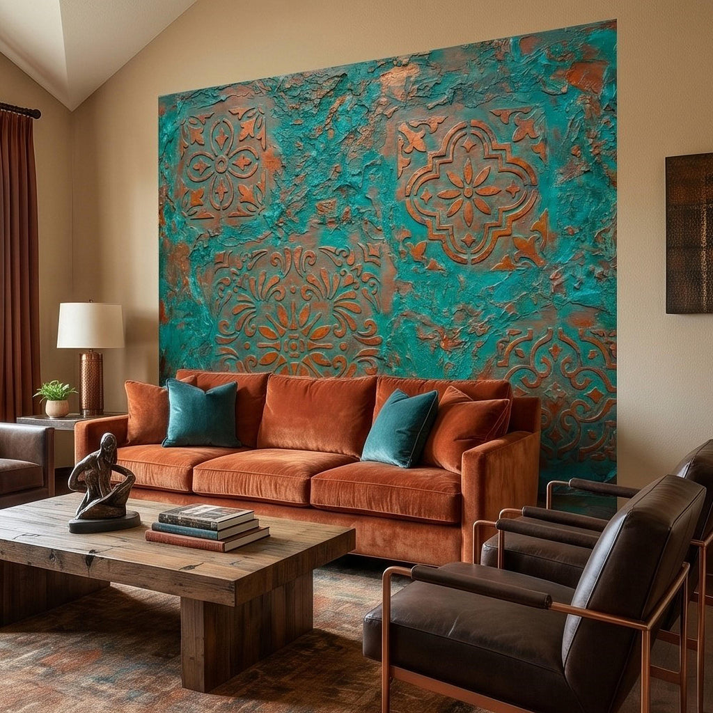 Moroccan Tile Peel and Stick Wall Mural, Rustic Turquoise Patina Texture, Boho Mediterranean Distressed Wallpaper
