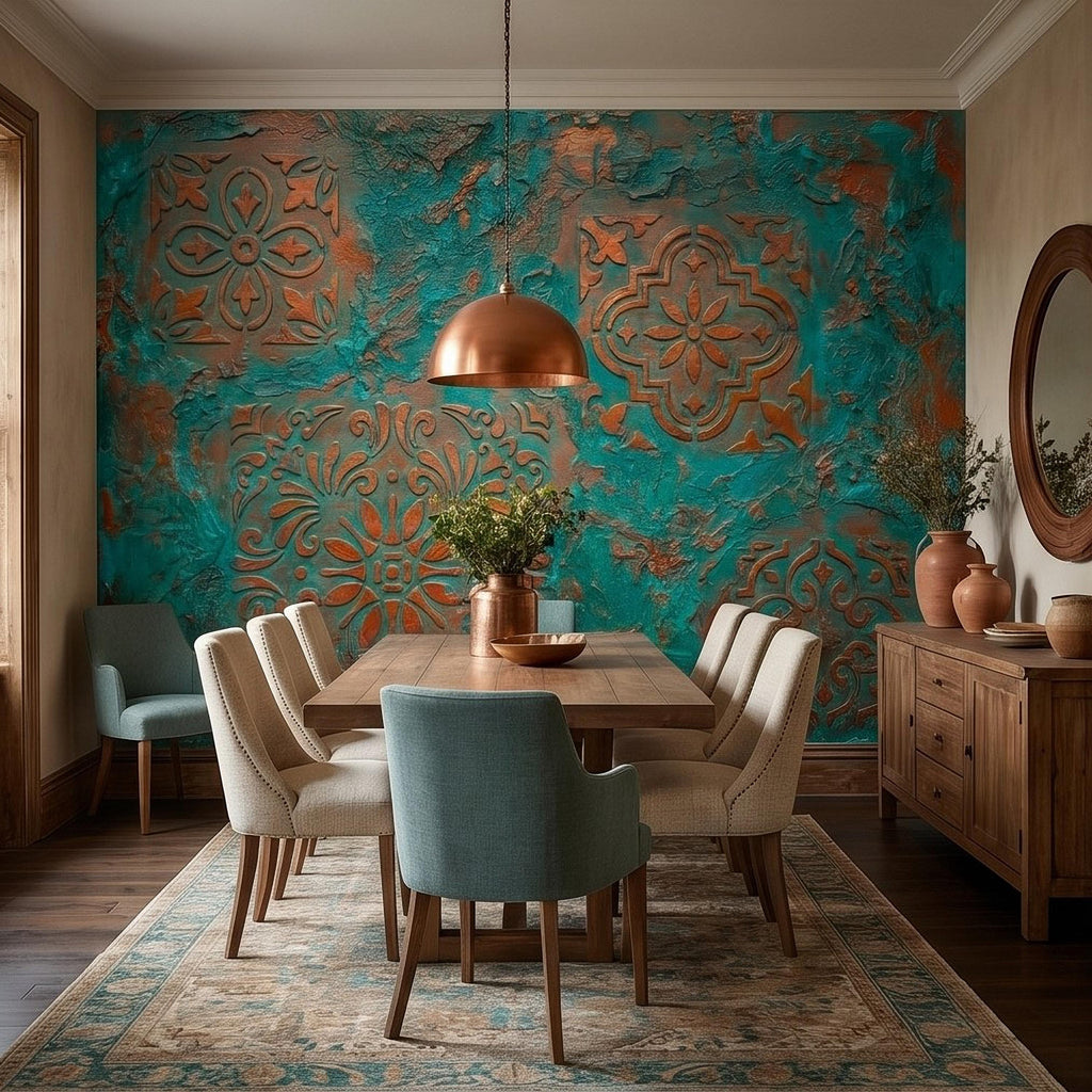 Moroccan Tile Peel and Stick Wall Mural, Rustic Turquoise Patina Texture, Boho Mediterranean Distressed Wallpaper