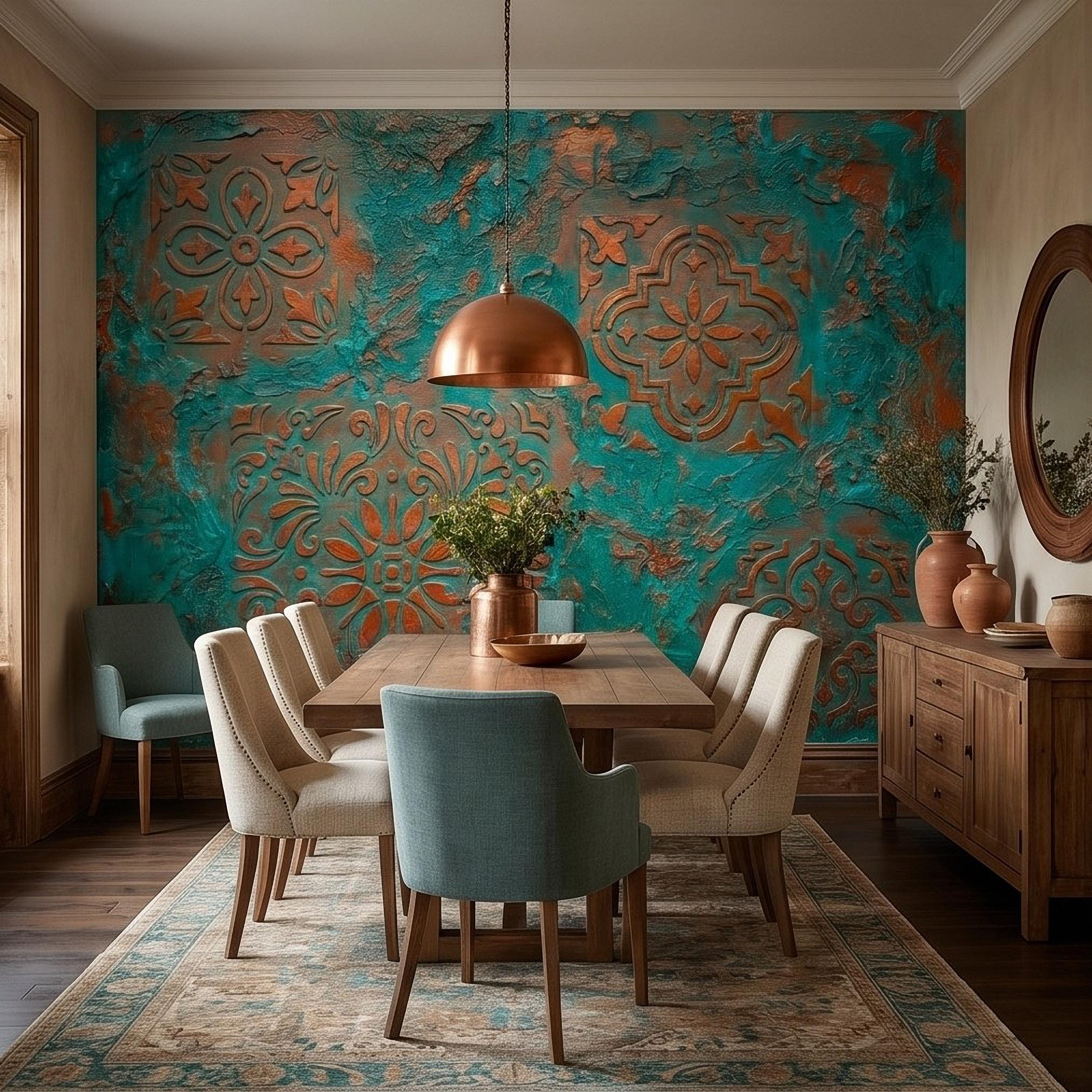 Moroccan Tile Peel and Stick Wall Mural, Rustic Turquoise Patina Texture, Boho Mediterranean Distressed Wallpaper