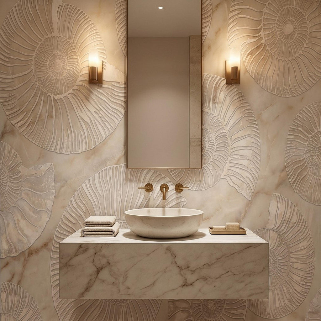 Ammonite Fossil Peel and Stick Wall Mural, Neutral Marble Texture, Coastal Spa Stone Pattern Wallpaper