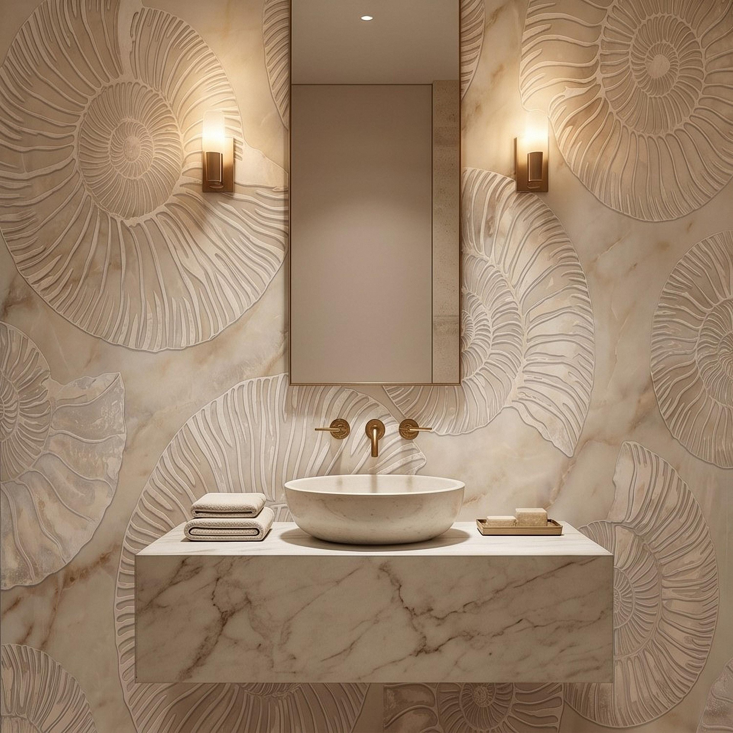Ammonite Fossil Peel and Stick Wall Mural, Neutral Marble Texture, Coastal Spa Stone Pattern Wallpaper