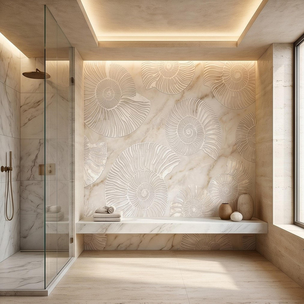 Ammonite Fossil Peel and Stick Wall Mural, Neutral Marble Texture, Coastal Spa Stone Pattern Wallpaper