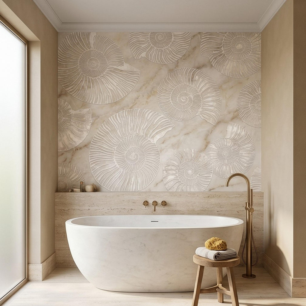 Ammonite Fossil Peel and Stick Wall Mural, Neutral Marble Texture, Coastal Spa Stone Pattern Wallpaper