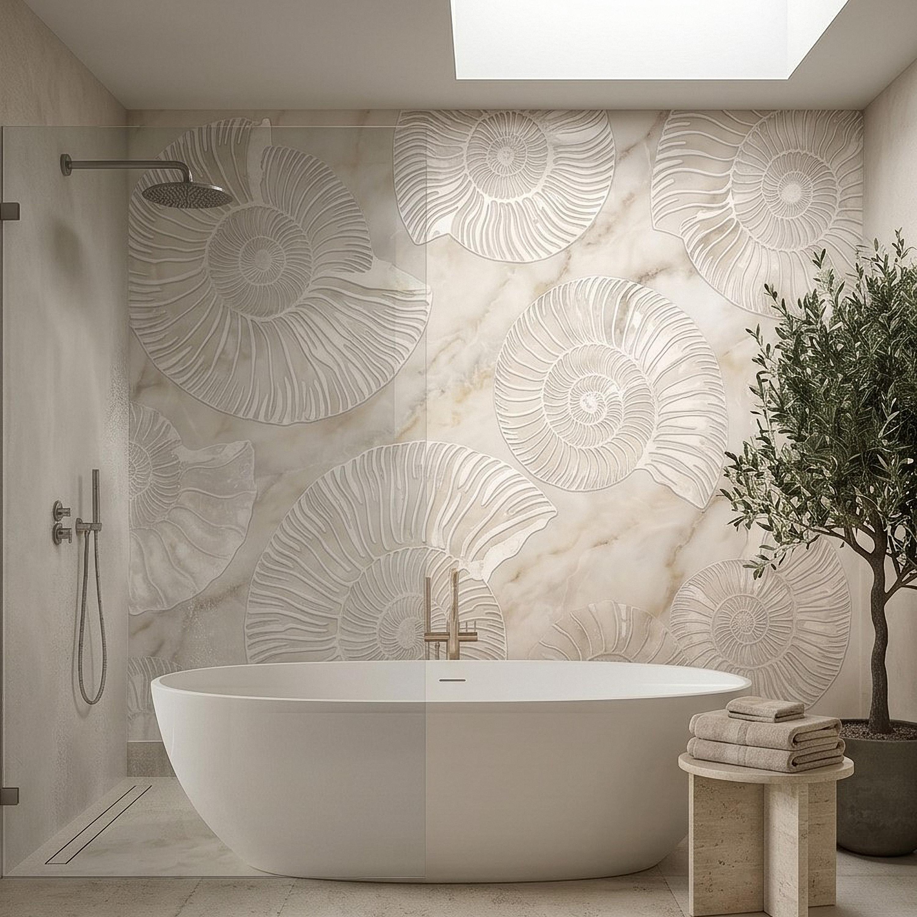 Ammonite Fossil Peel and Stick Wall Mural, Neutral Marble Texture, Coastal Spa Stone Pattern Wallpaper