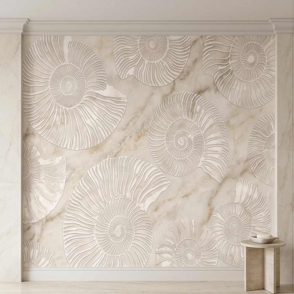 Ammonite Fossil Peel and Stick Wall Mural, Neutral Marble Texture, Coastal Spa Stone Pattern Wallpaper