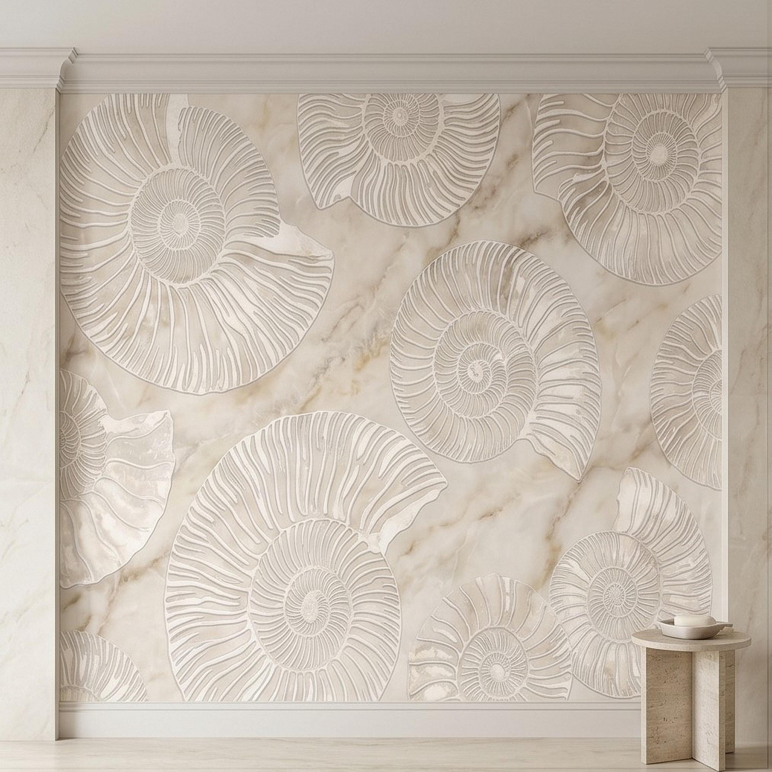 Ammonite Fossil Peel and Stick Wall Mural, Neutral Marble Texture, Coastal Spa Stone Pattern Wallpaper
