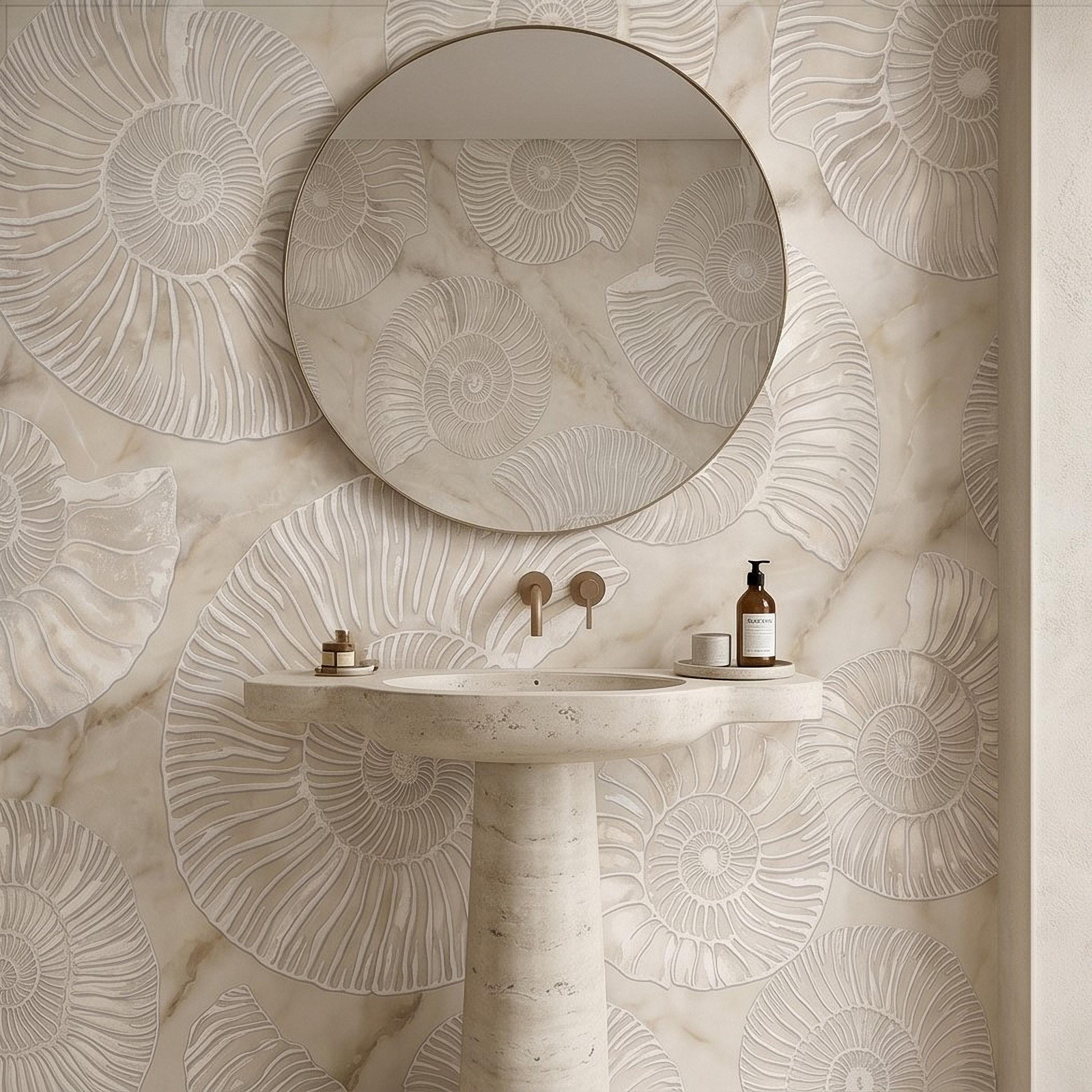 Ammonite Fossil Peel and Stick Wall Mural, Neutral Marble Texture, Coastal Spa Stone Pattern Wallpaper