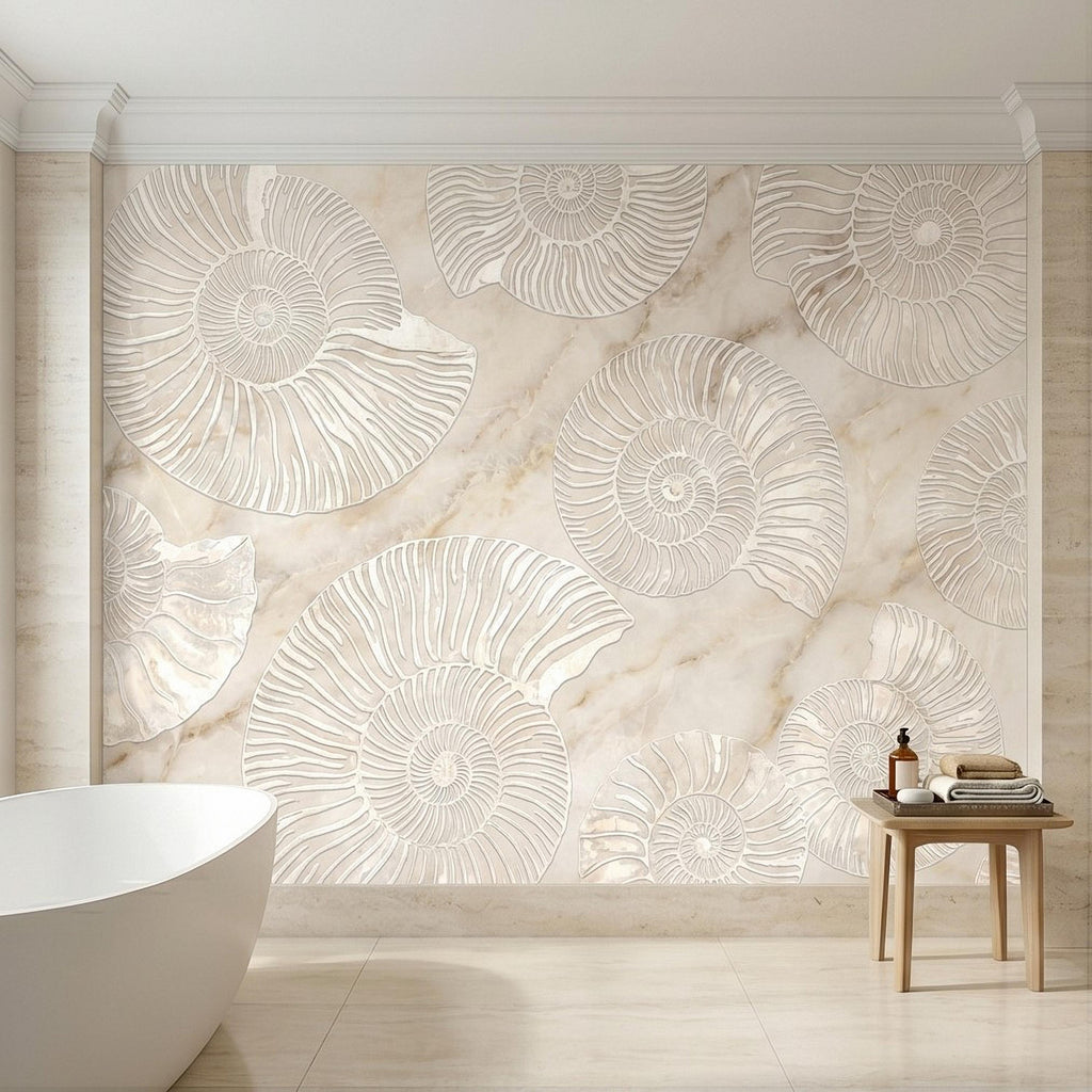 Ammonite Fossil Peel and Stick Wall Mural, Neutral Marble Texture, Coastal Spa Stone Pattern Wallpaper
