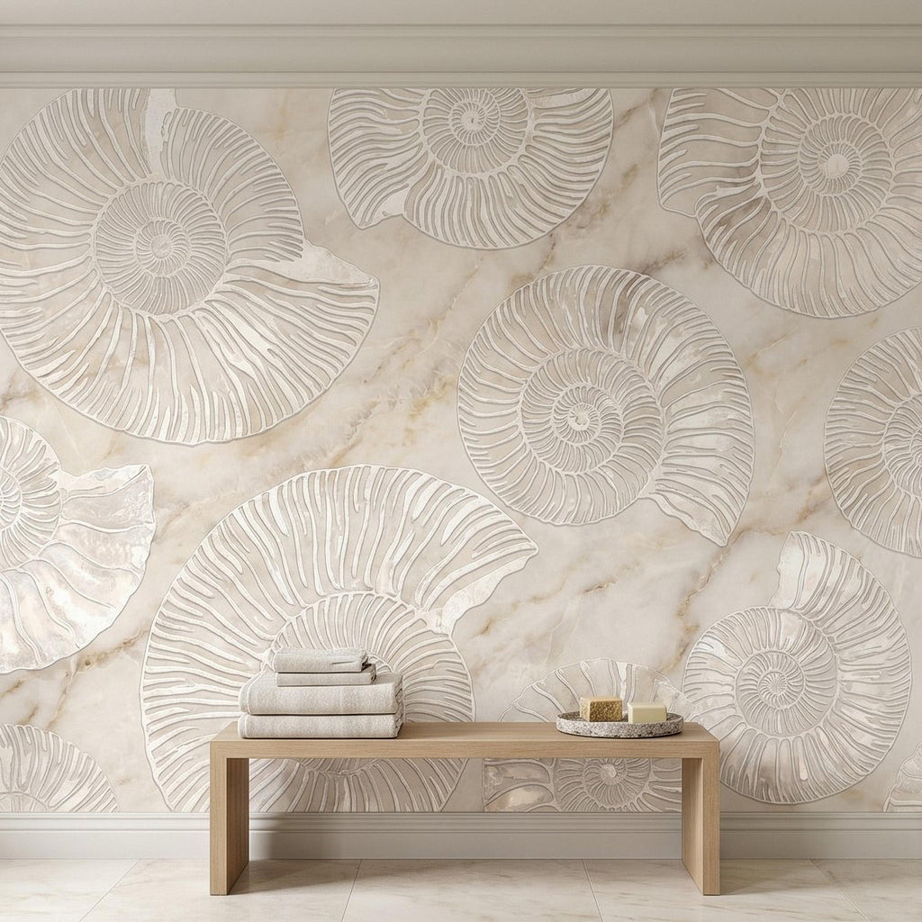 Ammonite Fossil Peel and Stick Wall Mural, Neutral Marble Texture, Coastal Spa Stone Pattern Wallpaper