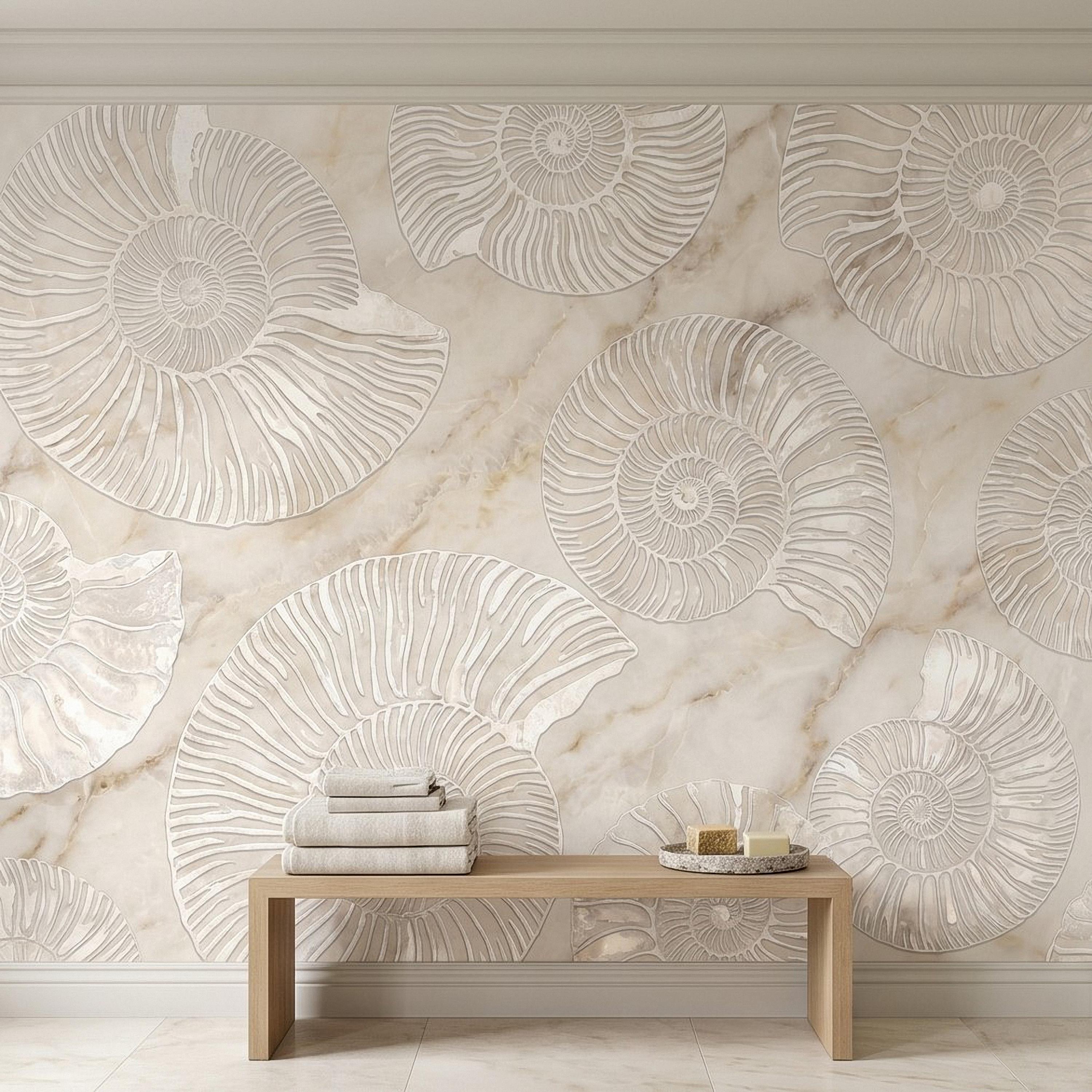Ammonite Fossil Peel and Stick Wall Mural, Neutral Marble Texture, Coastal Spa Stone Pattern Wallpaper