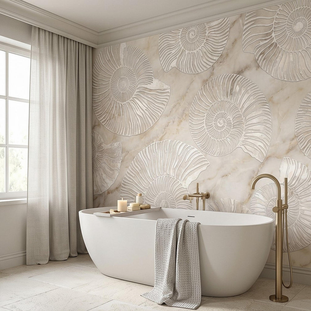 Ammonite Fossil Peel and Stick Wall Mural, Neutral Marble Texture, Coastal Spa Stone Pattern Wallpaper