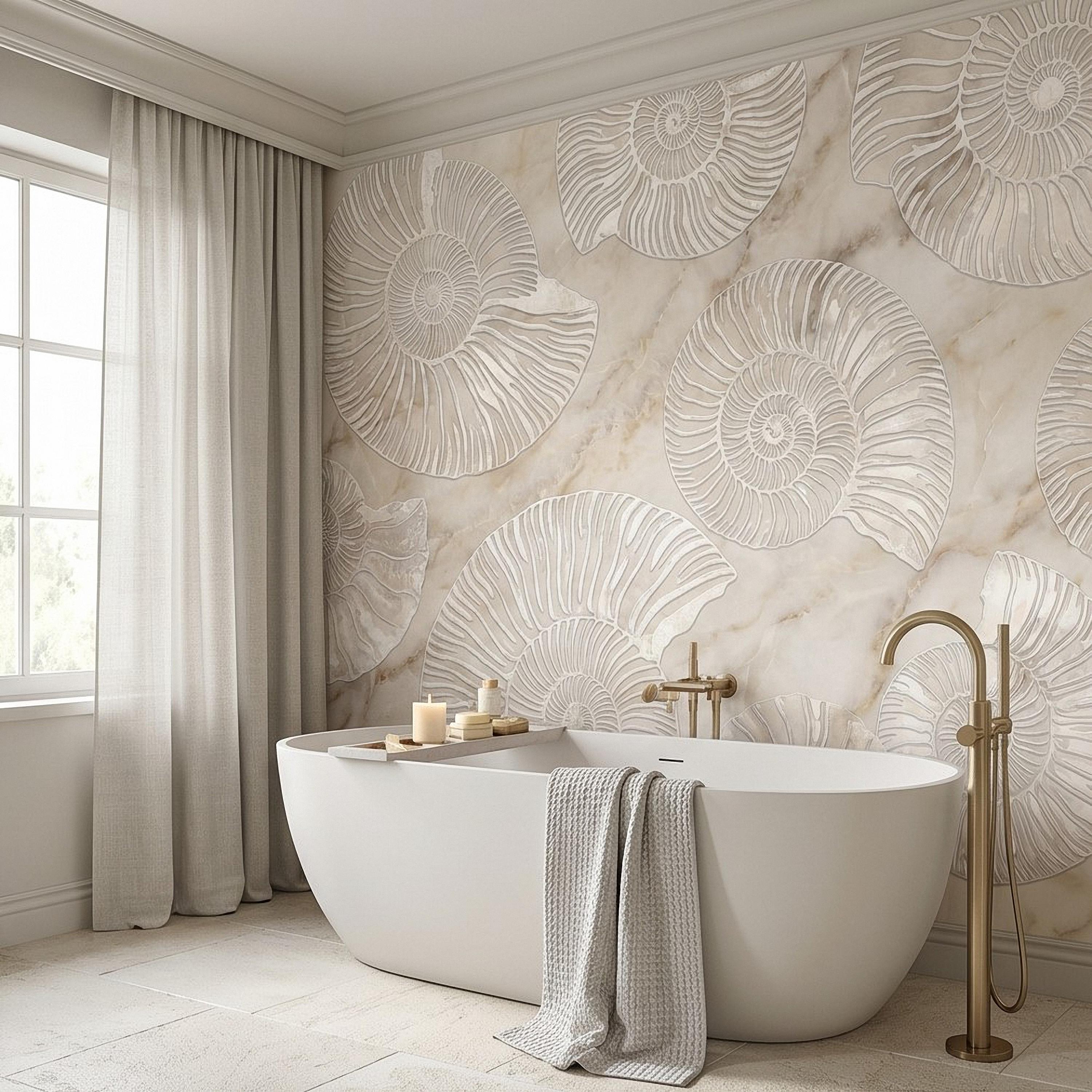 Ammonite Fossil Peel and Stick Wall Mural, Neutral Marble Texture, Coastal Spa Stone Pattern Wallpaper