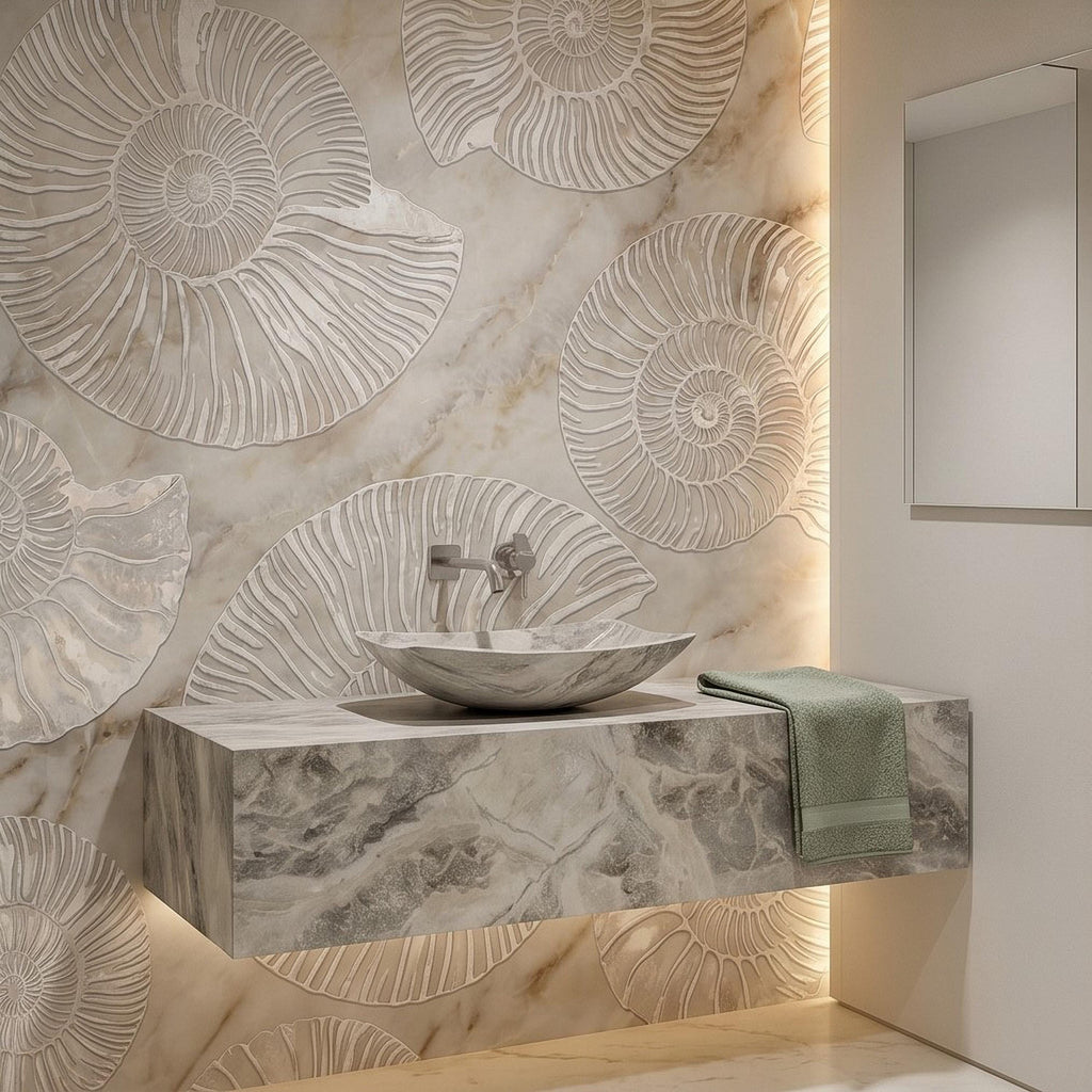Ammonite Fossil Peel and Stick Wall Mural, Neutral Marble Texture, Coastal Spa Stone Pattern Wallpaper