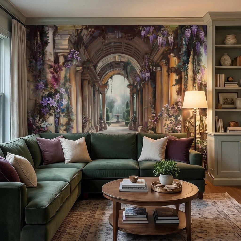 Romantic Garden Colonnade Peel and Stick Wall Mural, Vintage Wisteria Archway with Classical Statues, Fountain Floral Courtyard Wallpaper