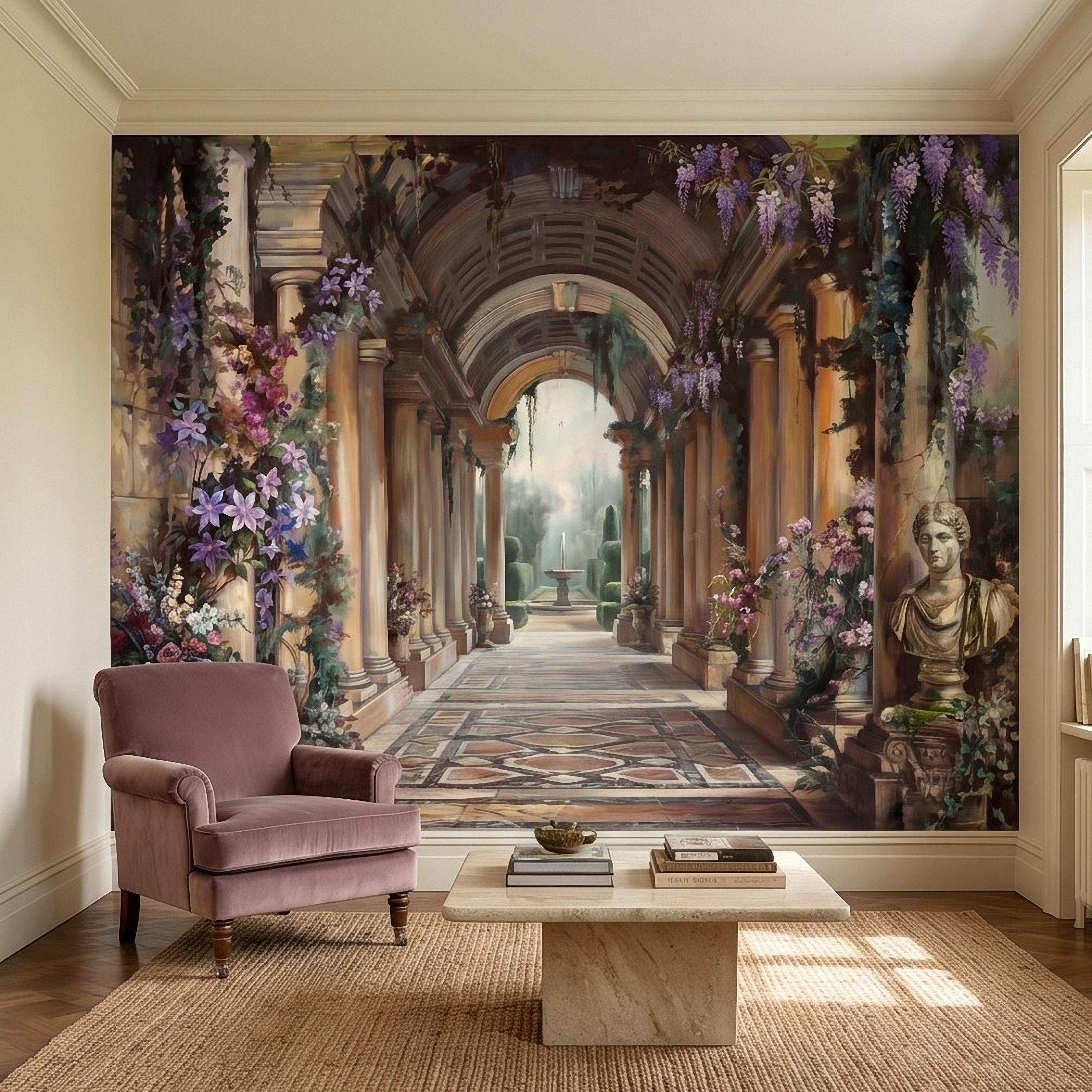 Romantic Garden Colonnade Peel and Stick Wall Mural, Vintage Wisteria Archway with Classical Statues, Fountain Floral Courtyard Wallpaper