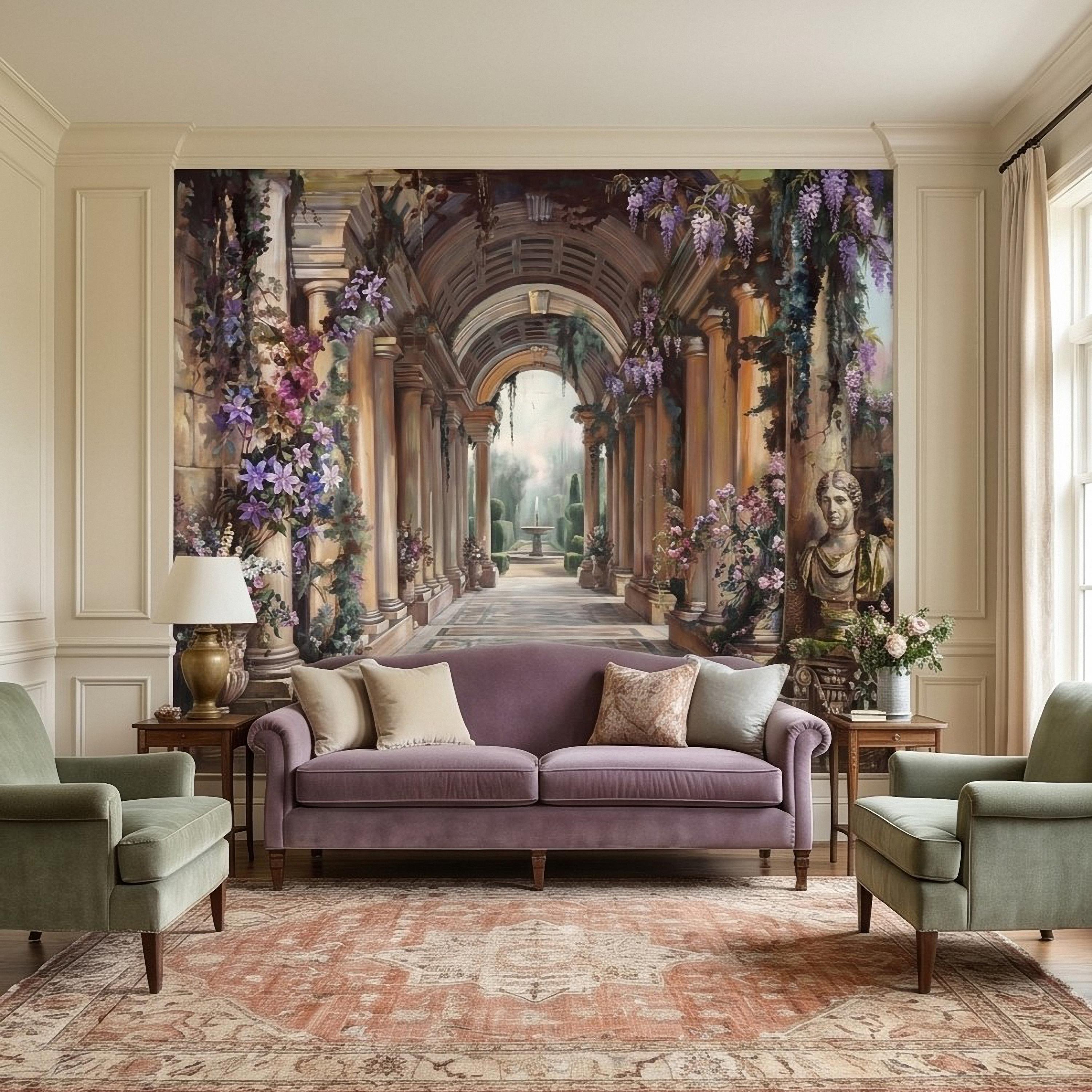 Romantic Garden Colonnade Peel and Stick Wall Mural, Vintage Wisteria Archway with Classical Statues, Fountain Floral Courtyard Wallpaper