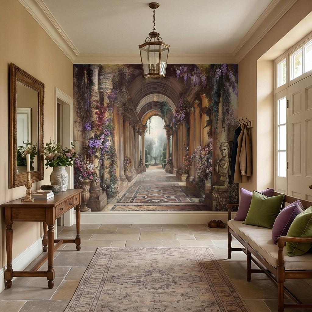 Romantic Garden Colonnade Peel and Stick Wall Mural, Vintage Wisteria Archway with Classical Statues, Fountain Floral Courtyard Wallpaper