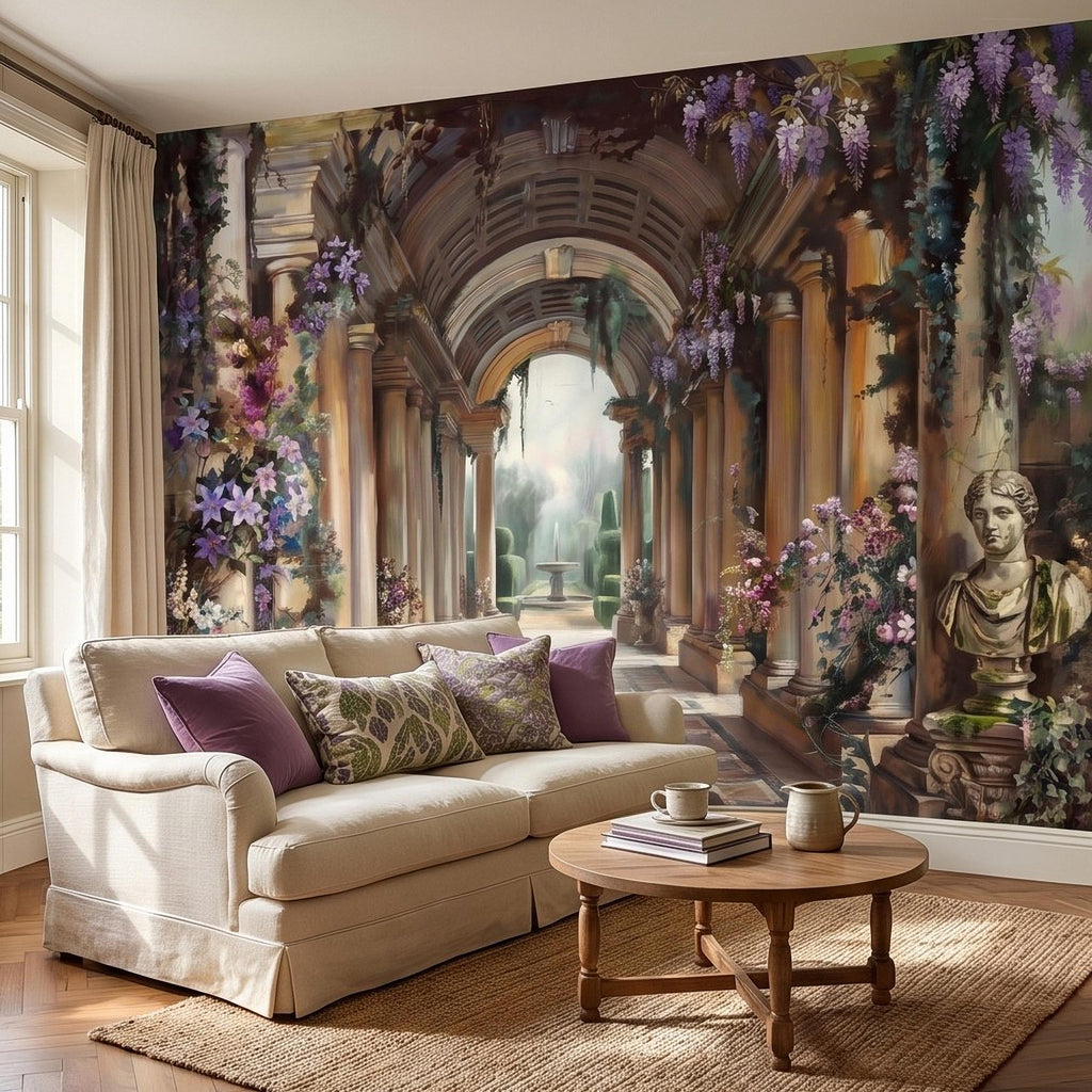 Romantic Garden Colonnade Peel and Stick Wall Mural, Vintage Wisteria Archway with Classical Statues, Fountain Floral Courtyard Wallpaper