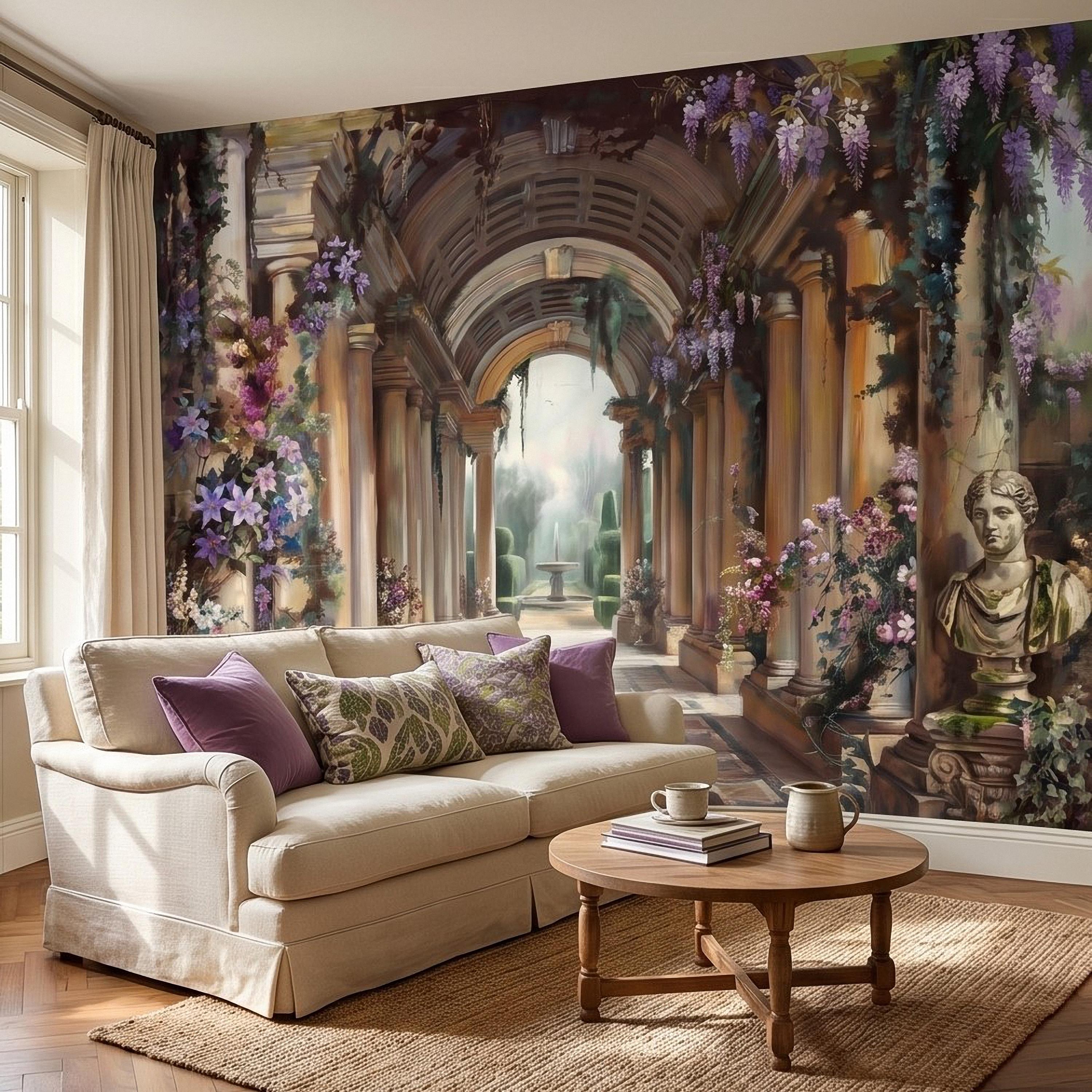 Romantic Garden Colonnade Peel and Stick Wall Mural, Vintage Wisteria Archway with Classical Statues, Fountain Floral Courtyard Wallpaper