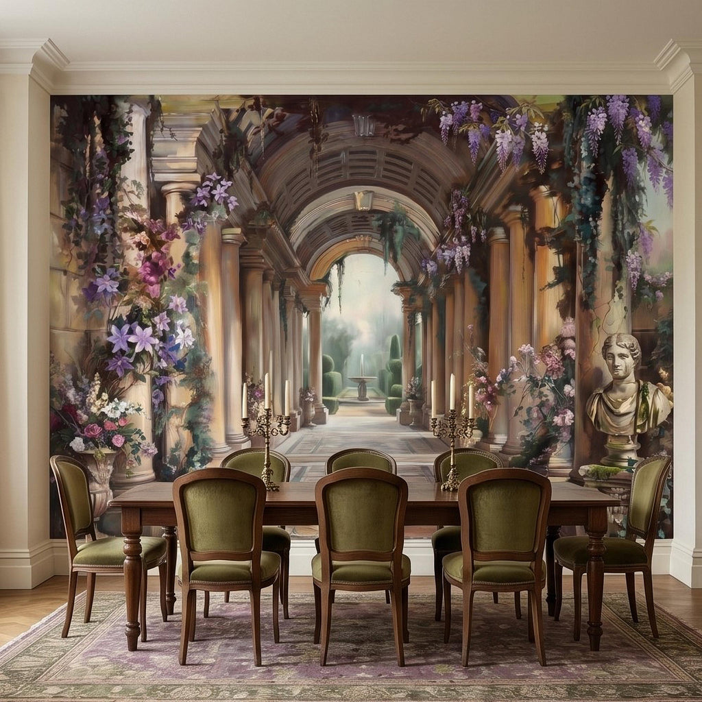 Romantic Garden Colonnade Peel and Stick Wall Mural, Vintage Wisteria Archway with Classical Statues, Fountain Floral Courtyard Wallpaper