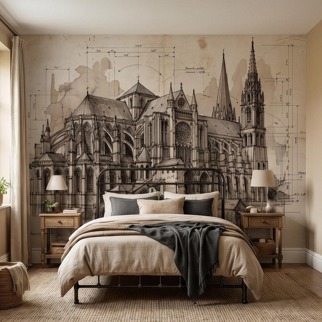 Gothic Cathedral Architectural Sketch Peel and Stick Wall Mural, Vintage Blueprint Ink Drawing with Measurements Monochrome Wallpaper