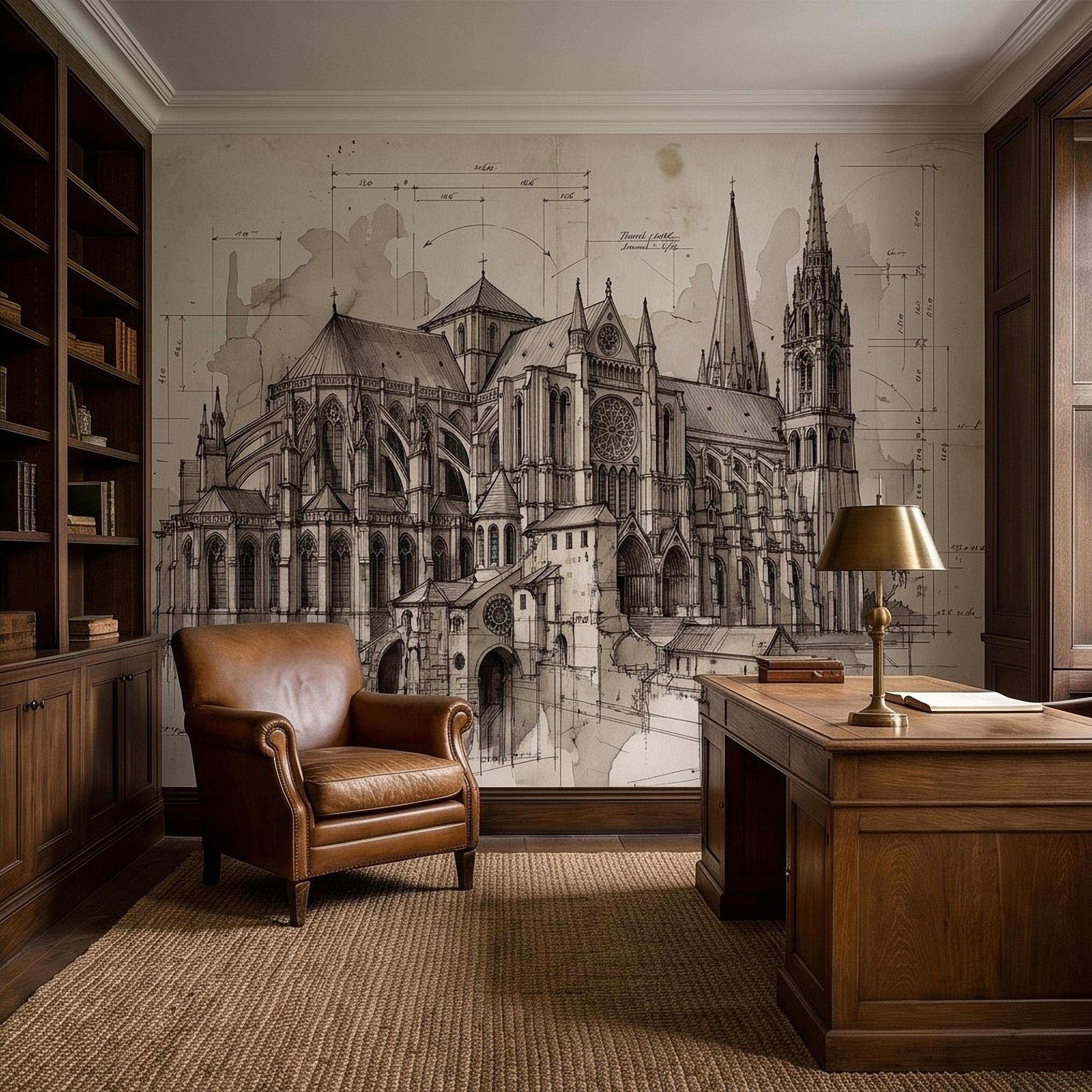 Gothic Cathedral Architectural Sketch Peel and Stick Wall Mural, Vintage Blueprint Ink Drawing with Measurements Monochrome Wallpaper