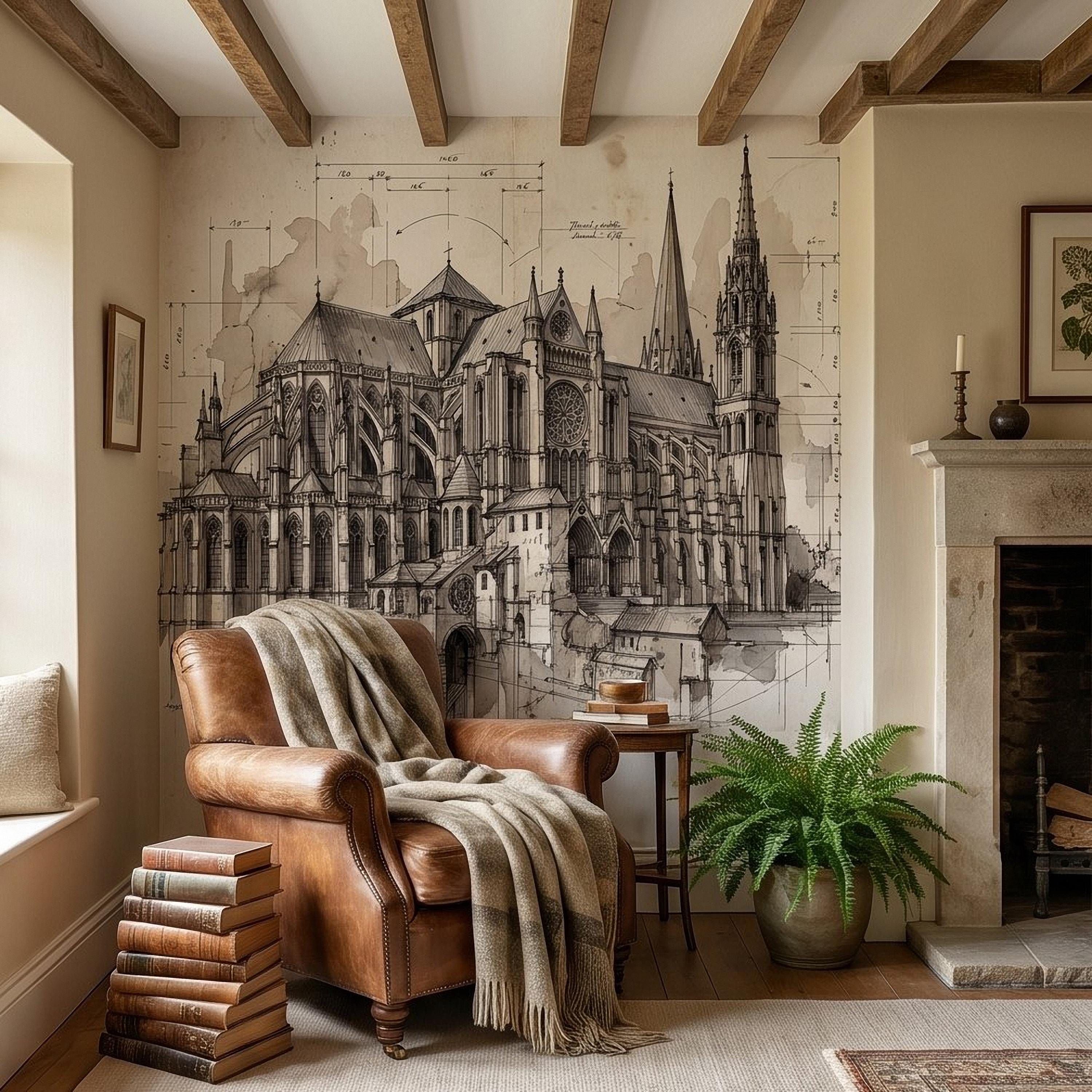 Gothic Cathedral Architectural Sketch Peel and Stick Wall Mural, Vintage Blueprint Ink Drawing with Measurements Monochrome Wallpaper
