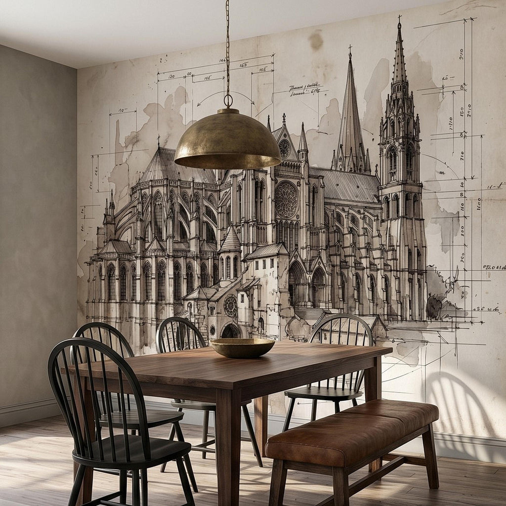 Gothic Cathedral Architectural Sketch Peel and Stick Wall Mural, Vintage Blueprint Ink Drawing with Measurements Monochrome Wallpaper