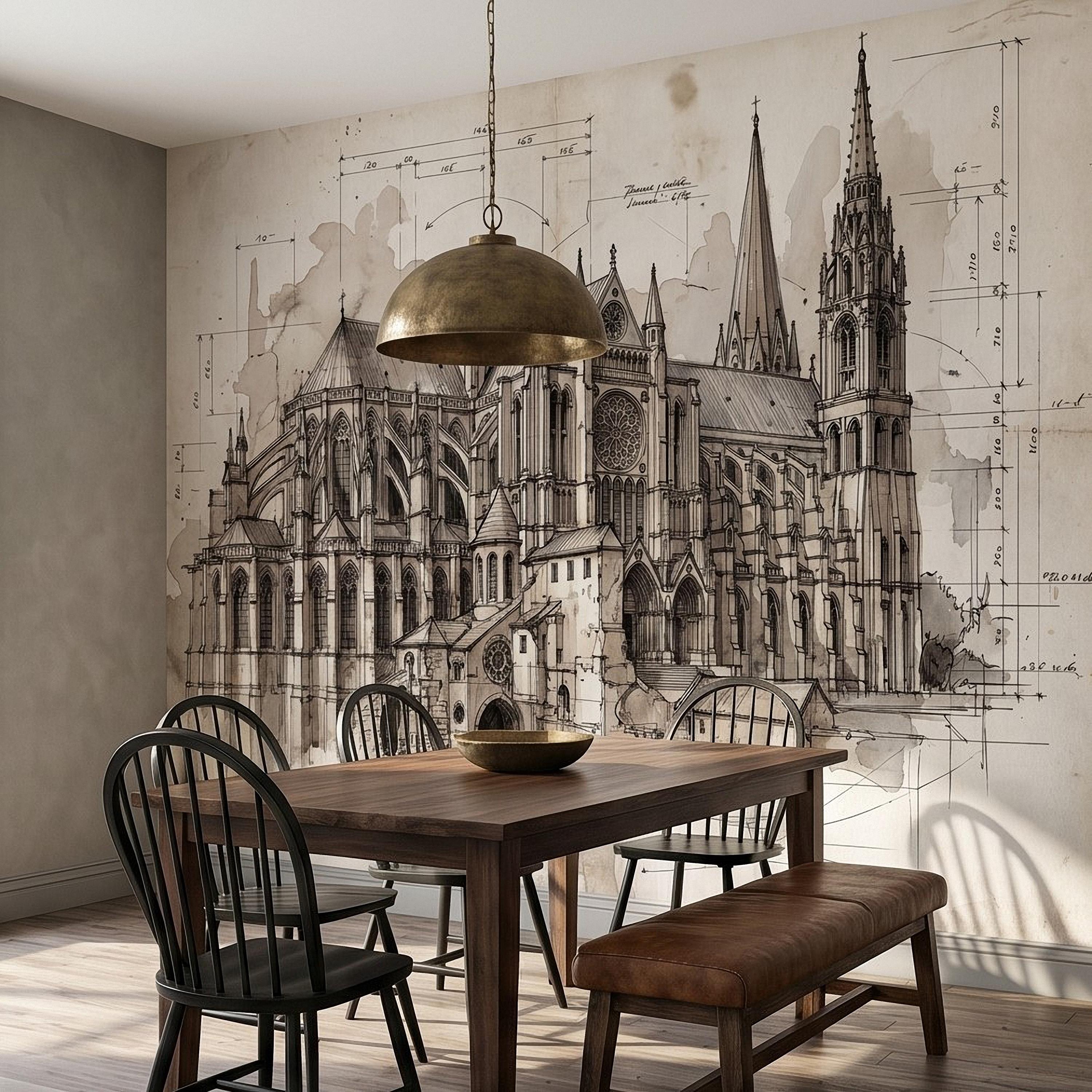 Gothic Cathedral Architectural Sketch Peel and Stick Wall Mural, Vintage Blueprint Ink Drawing with Measurements Monochrome Wallpaper