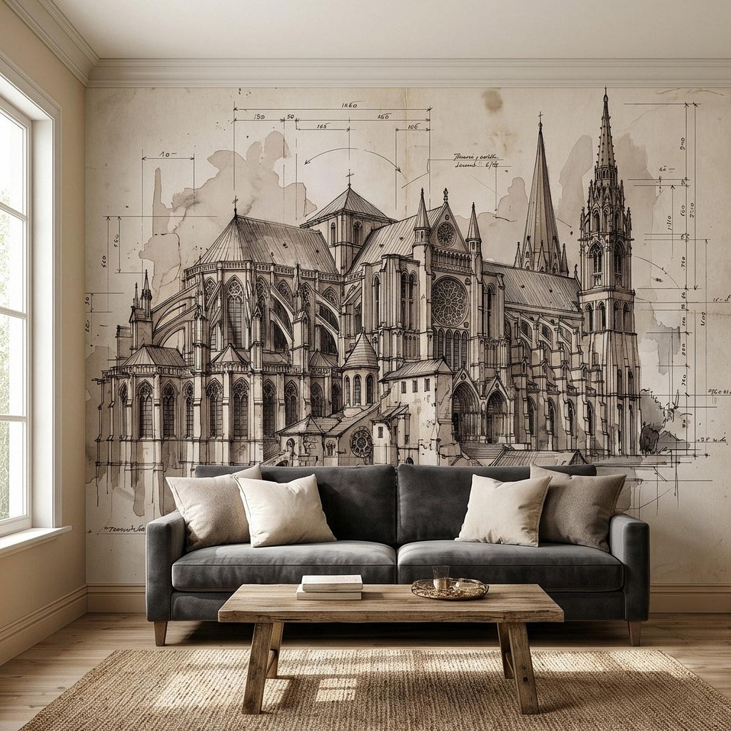 Gothic Cathedral Architectural Sketch Peel and Stick Wall Mural, Vintage Blueprint Ink Drawing with Measurements Monochrome Wallpaper